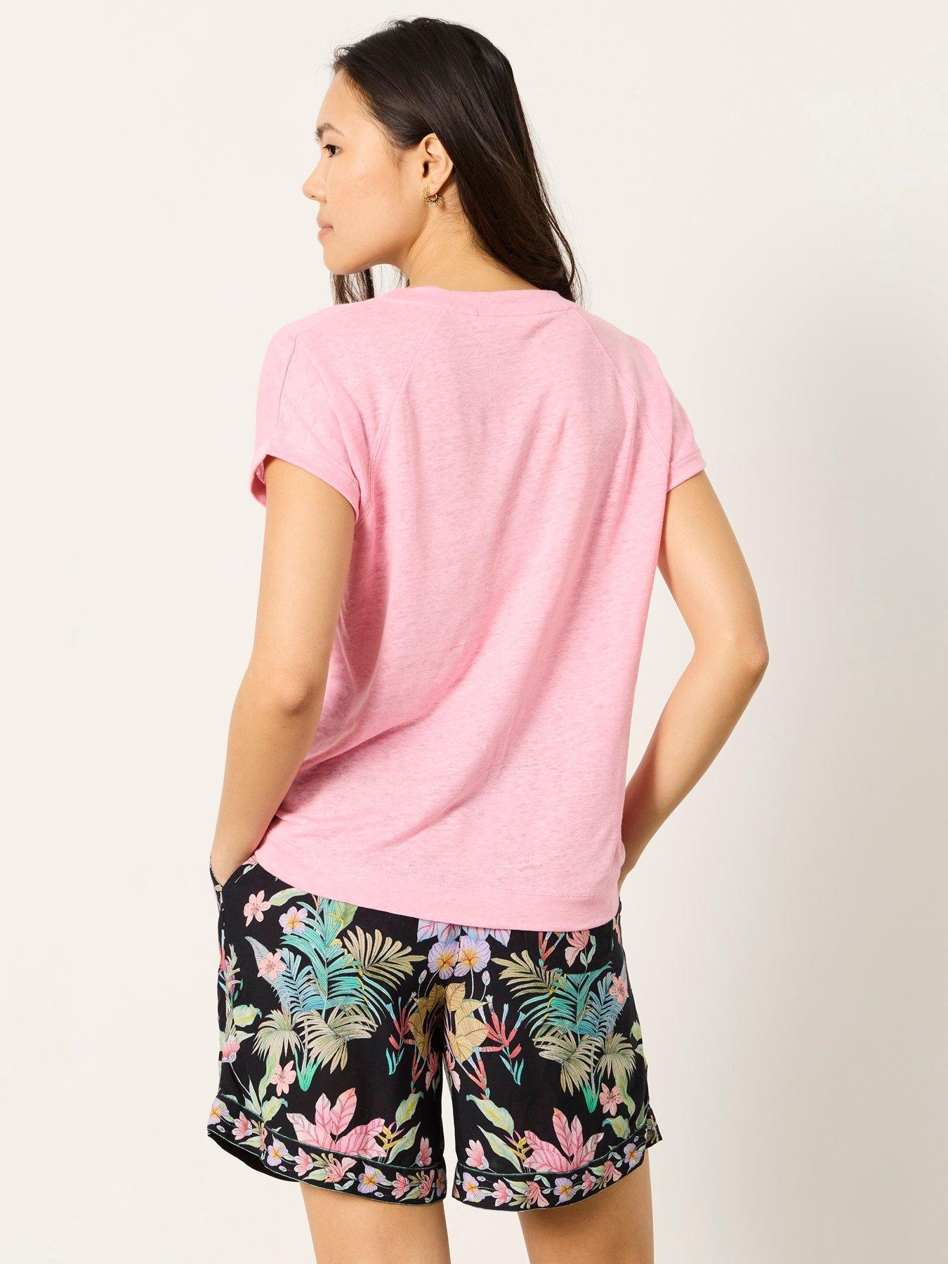 Image 2 of 5 of FatFace Lauren Linen V Neck T-Shirt - Pink