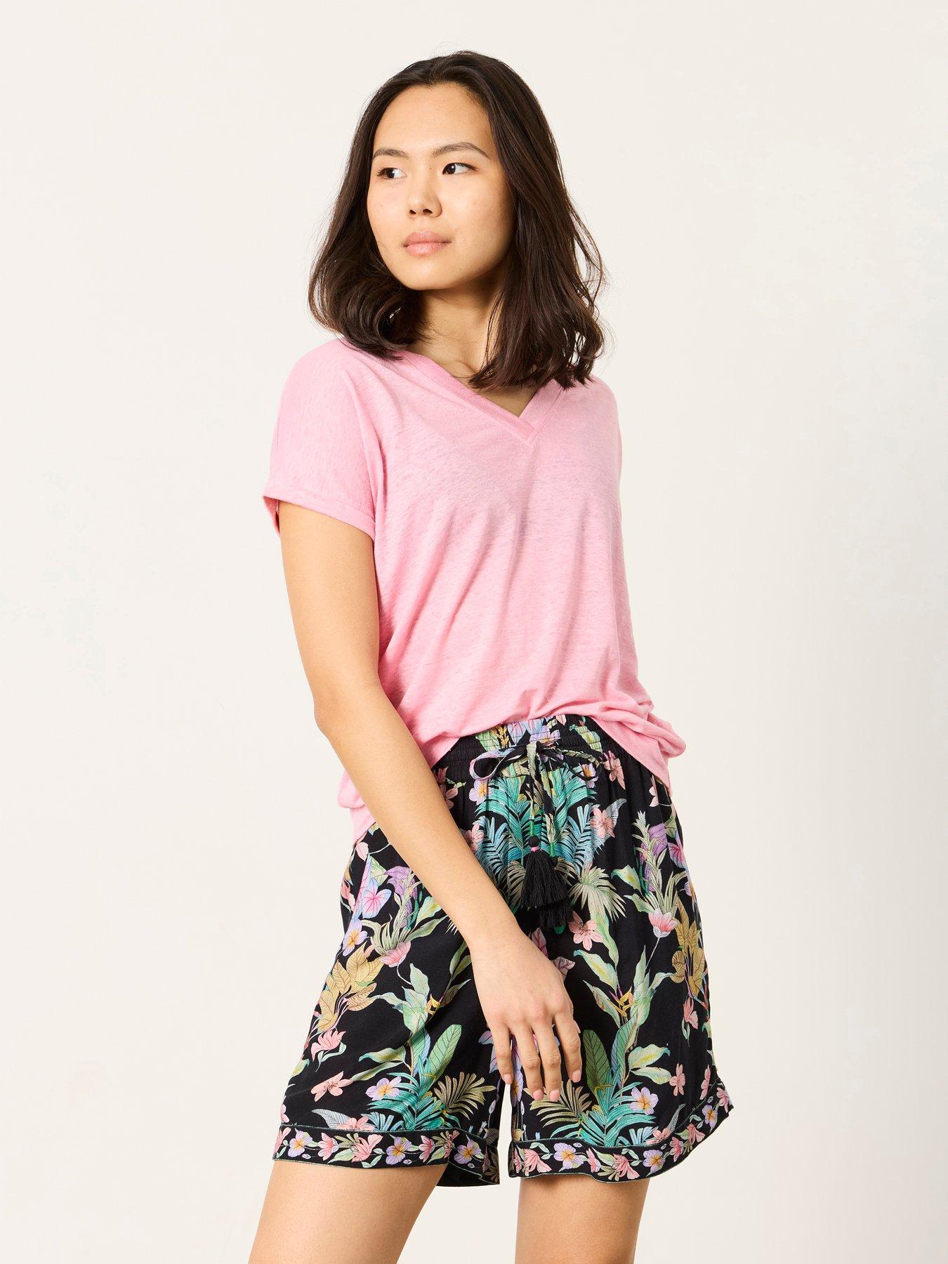 Image 3 of 5 of FatFace Lauren Linen V Neck T-Shirt - Pink