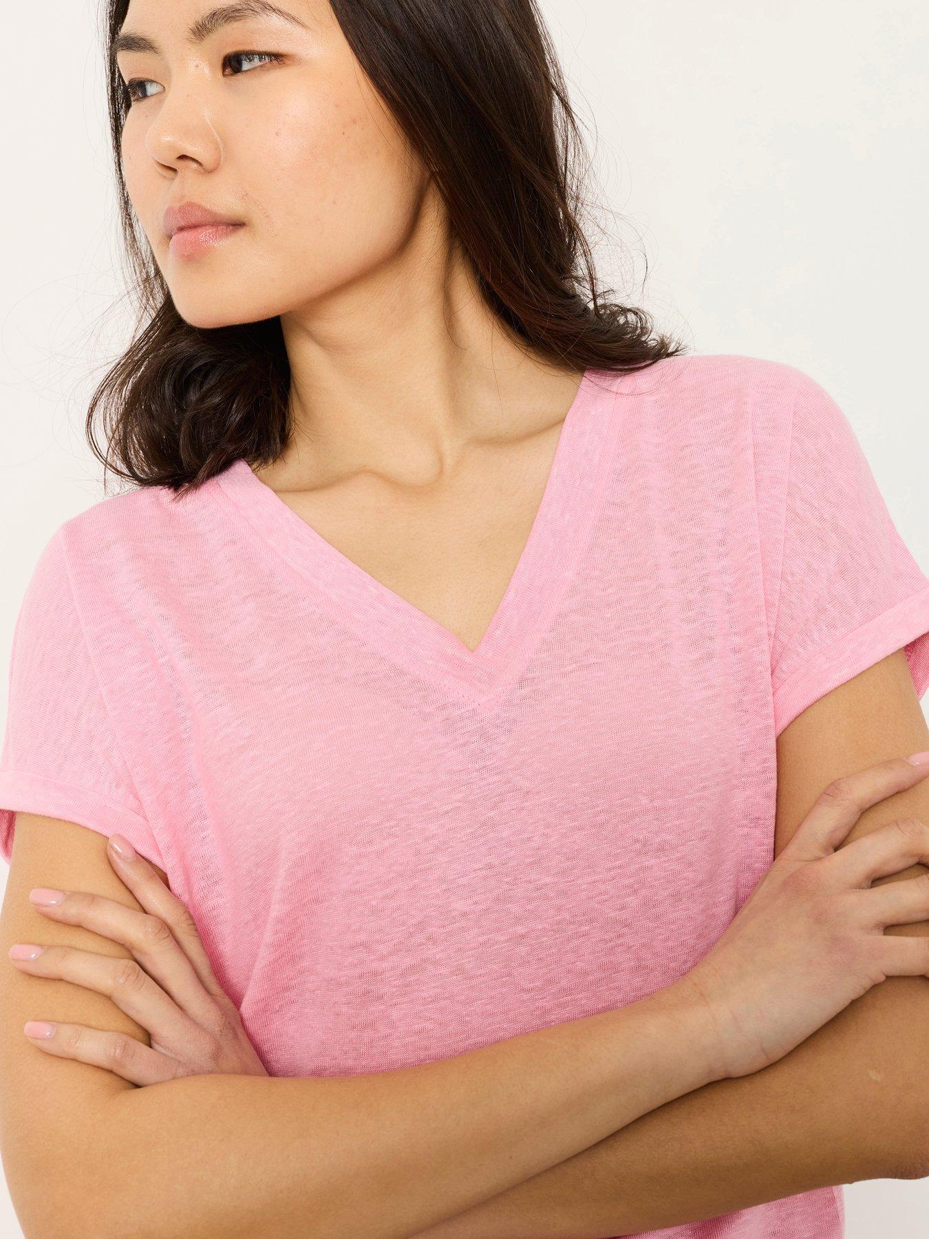 Image 4 of 5 of FatFace Lauren Linen V Neck T-Shirt - Pink