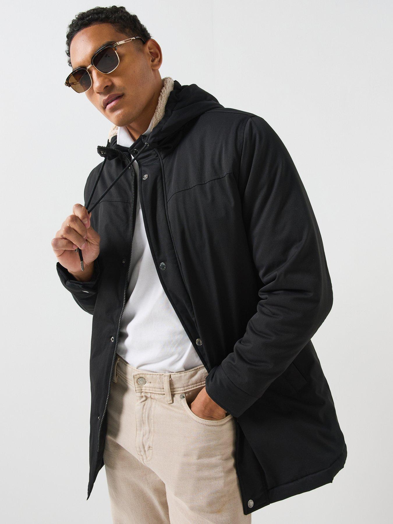 Image 1 of 6 of ONLY & SONS Mens Alexander Life Borg Lined Hood Parka Coat - Black