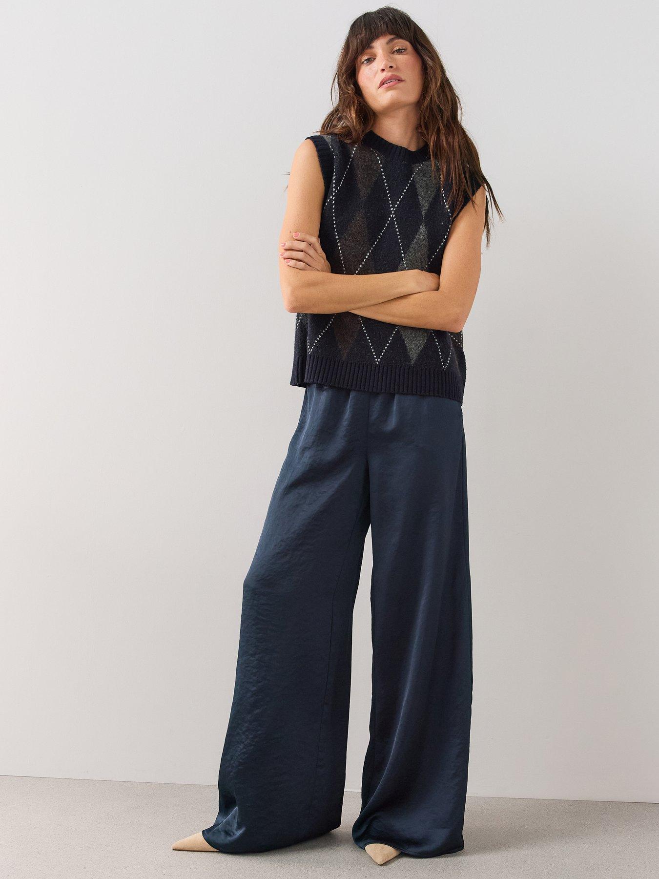 Image 1 of 7 of The Very Collection Satin Wide Leg Trousers - Navy