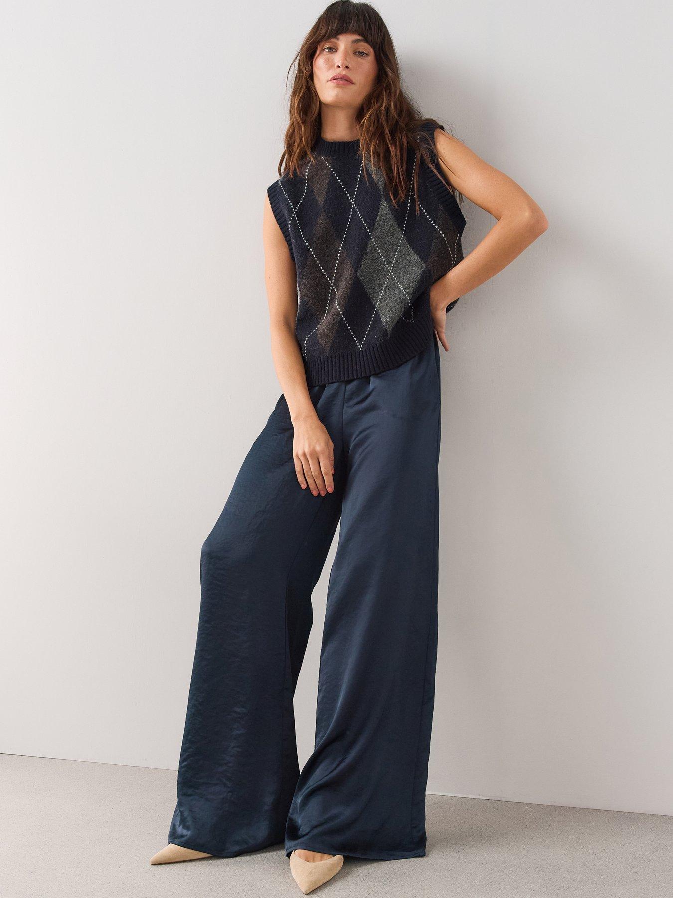 Image 3 of 7 of The Very Collection Satin Wide Leg Trousers - Navy