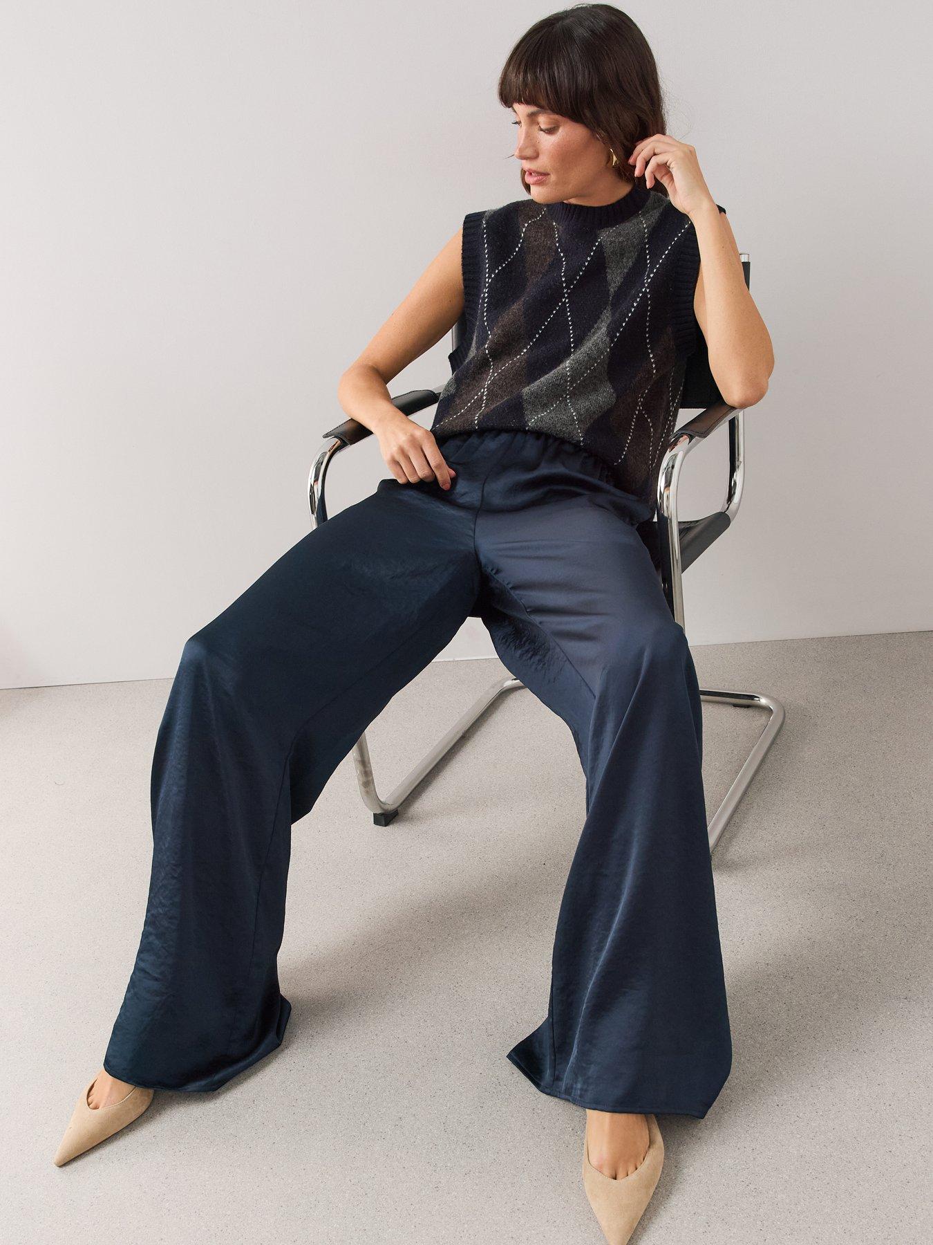 Image 6 of 7 of The Very Collection Satin Wide Leg Trousers - Navy