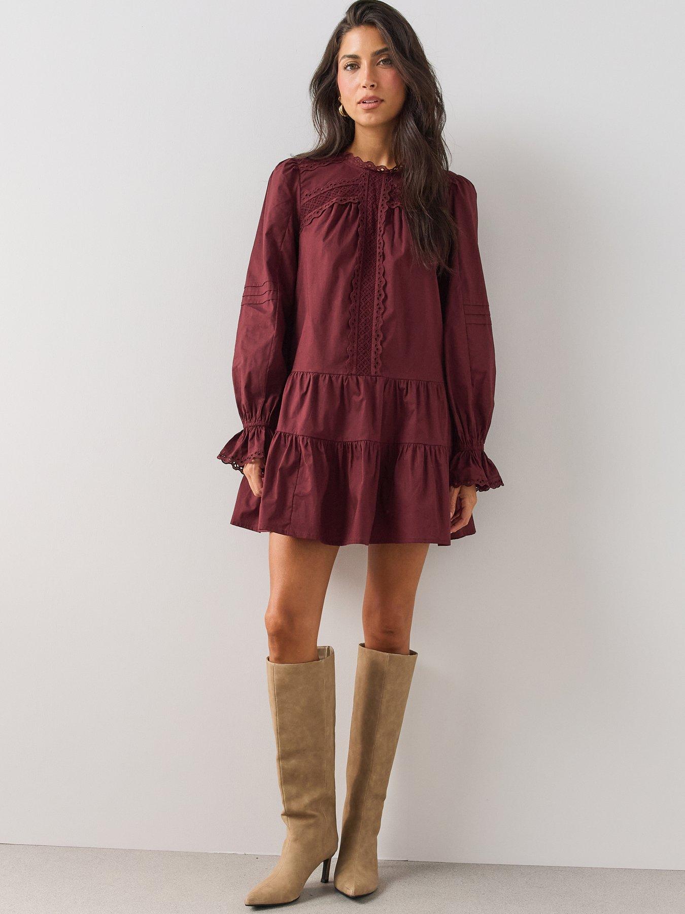 The Very Collection Lace Trim Long Sleeve Cotton Mini Smock Dress