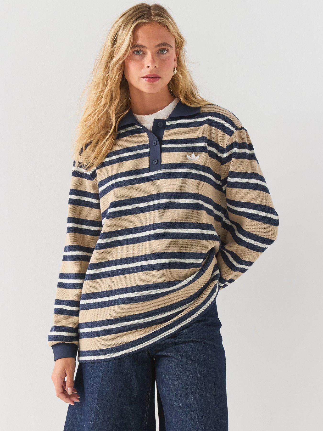 adidas Originals Women's Striped Long Sleeve Polo Top - Beige