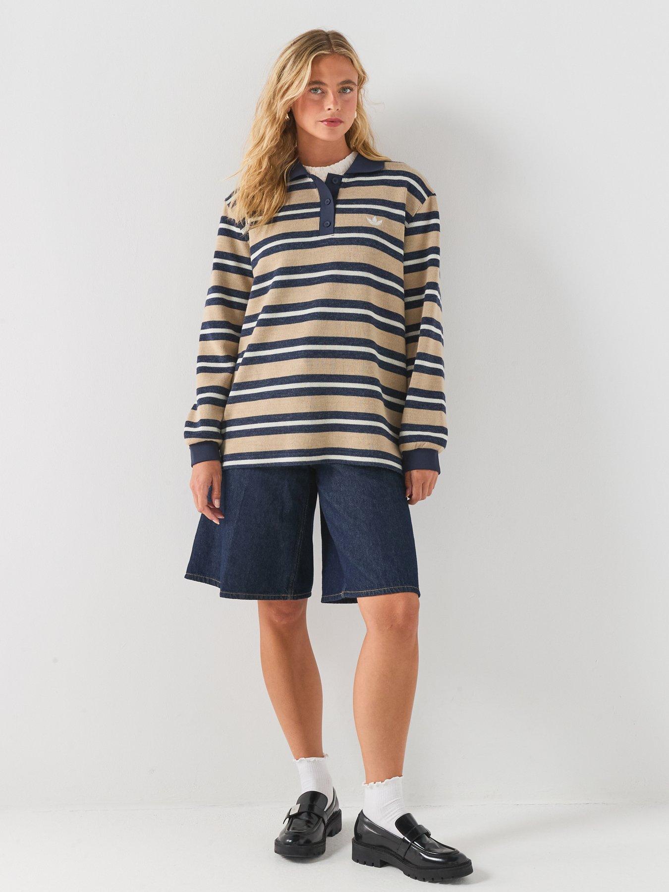 Image 3 of 6 of adidas Originals Women's Striped Long Sleeve Polo Top - Beige