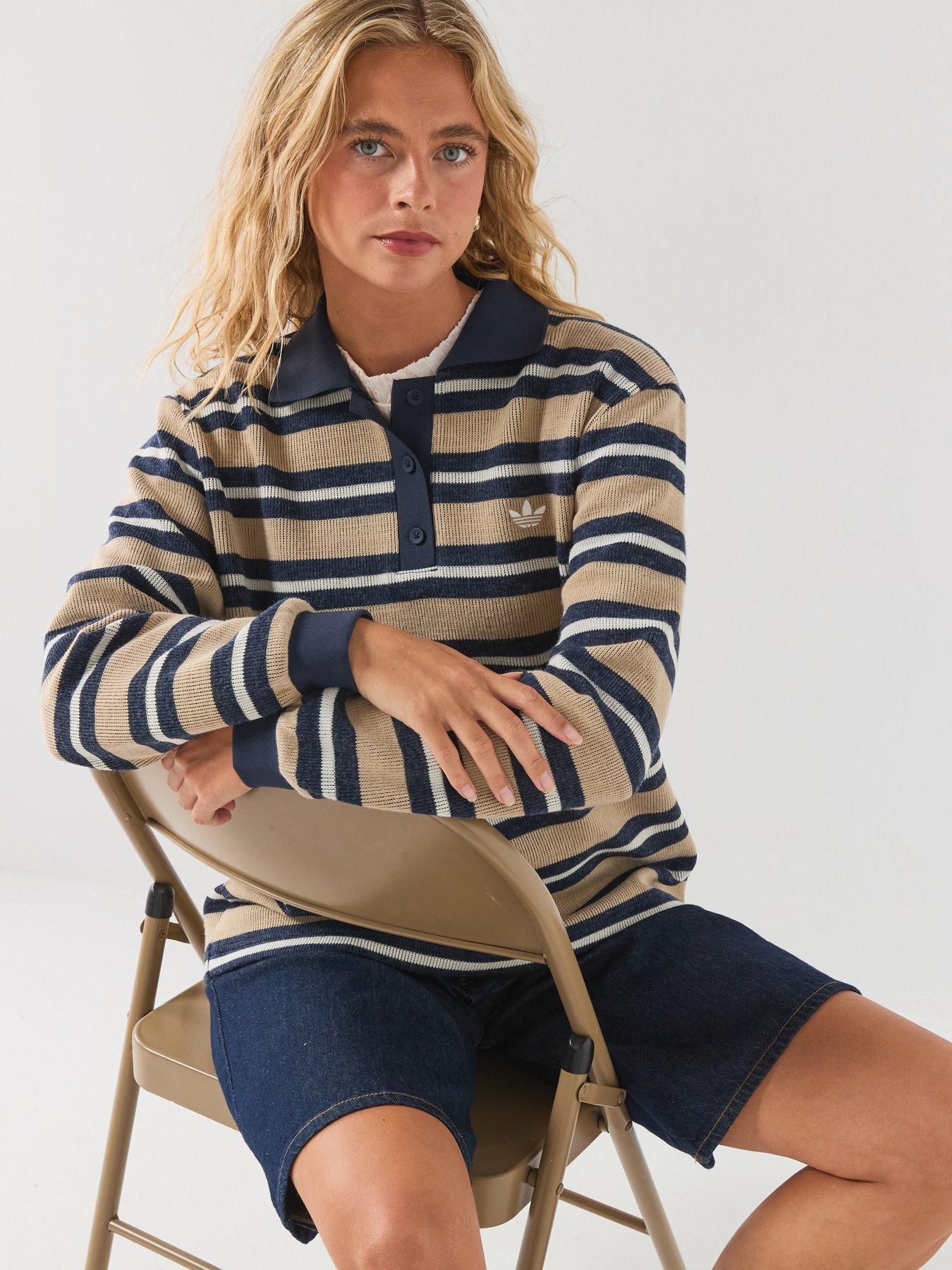 Image 4 of 6 of adidas Originals Women's Striped Long Sleeve Polo Top - Beige