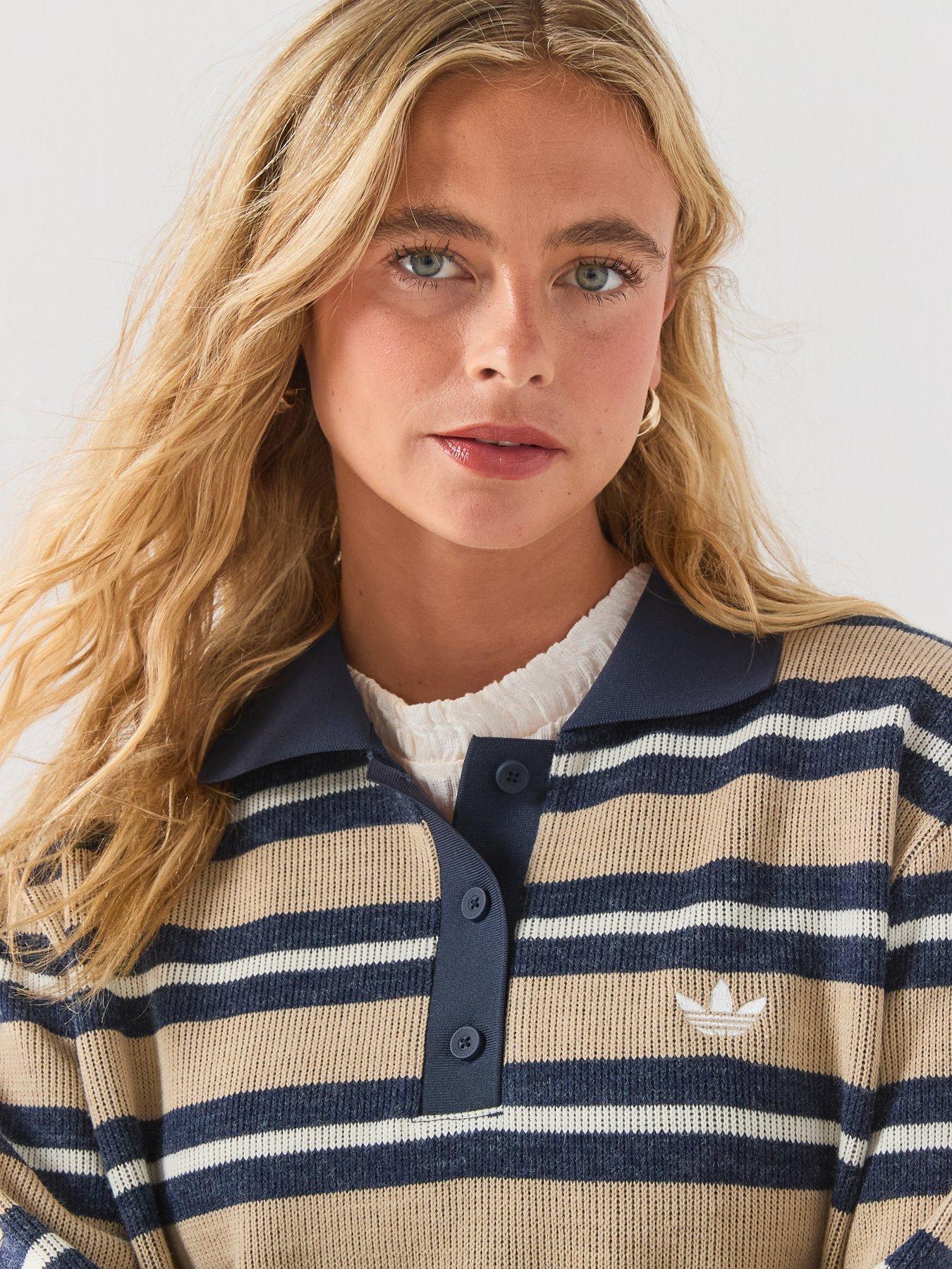 Image 6 of 6 of adidas Originals Women's Striped Long Sleeve Polo Top - Beige