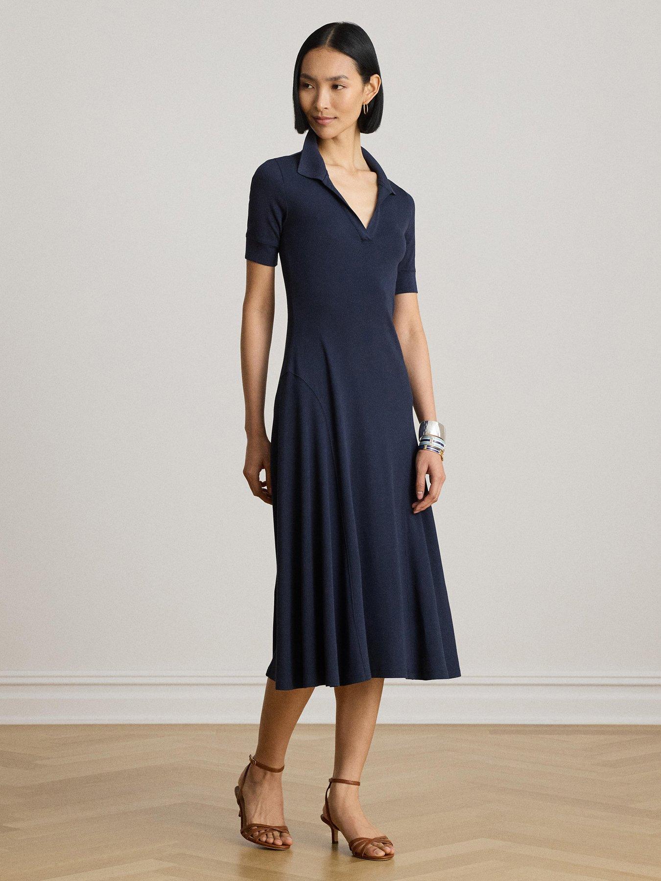 Image 1 of 4 of Lauren by Ralph Lauren Rib-Knit Elbow-Sleeve Polo Dress - Lauren Navy