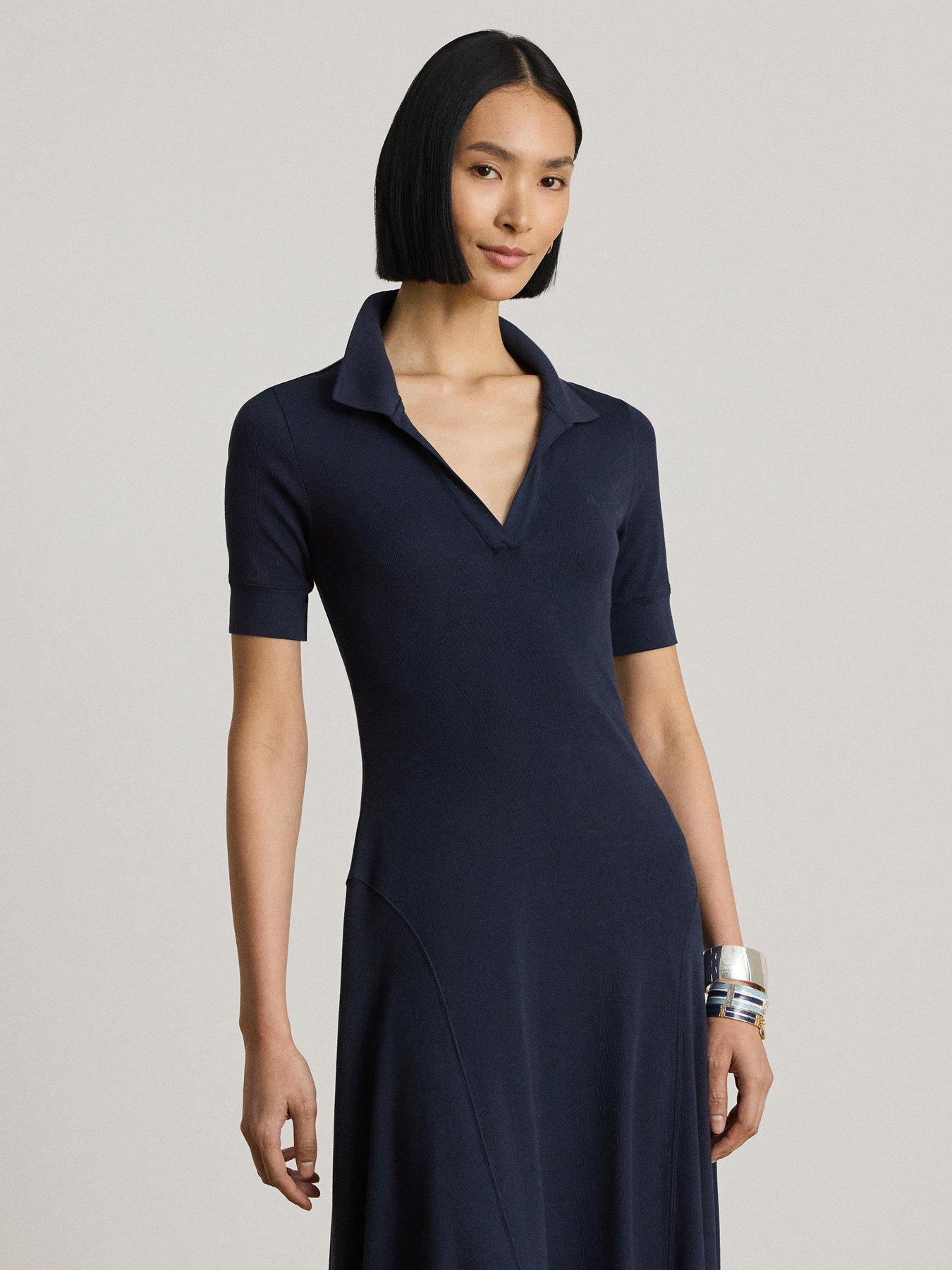 Image 2 of 4 of Lauren by Ralph Lauren Rib-Knit Elbow-Sleeve Polo Dress - Lauren Navy