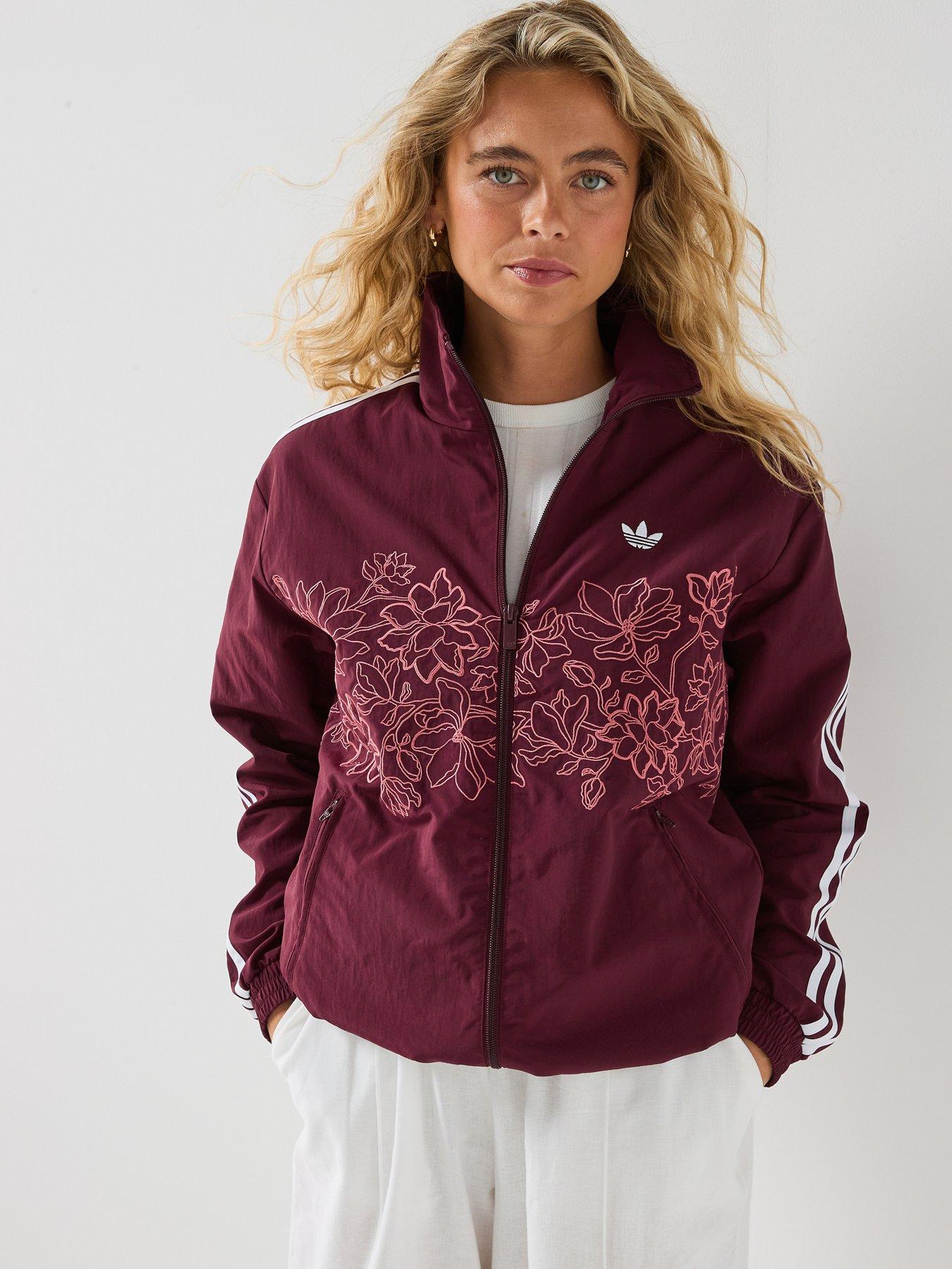 adidas Originals Womens Flower Embriodered Firebird Loose Track Top - Burgundy
