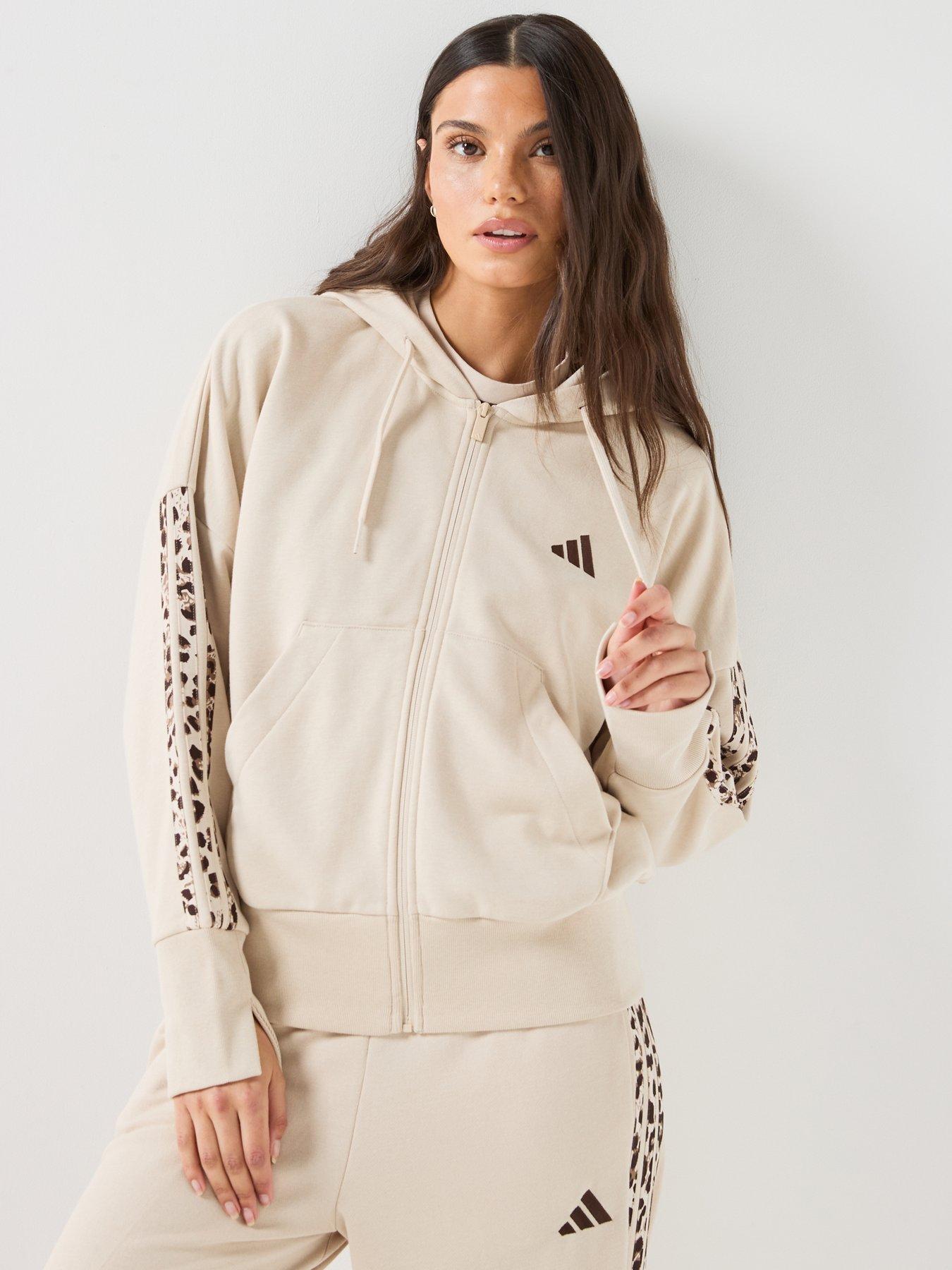Image 1 of 6 of adidas Sportswear Women's Seasonal Essentials Animal Print 3-Stripes Full-Zip Hooded Track Top - Beige
