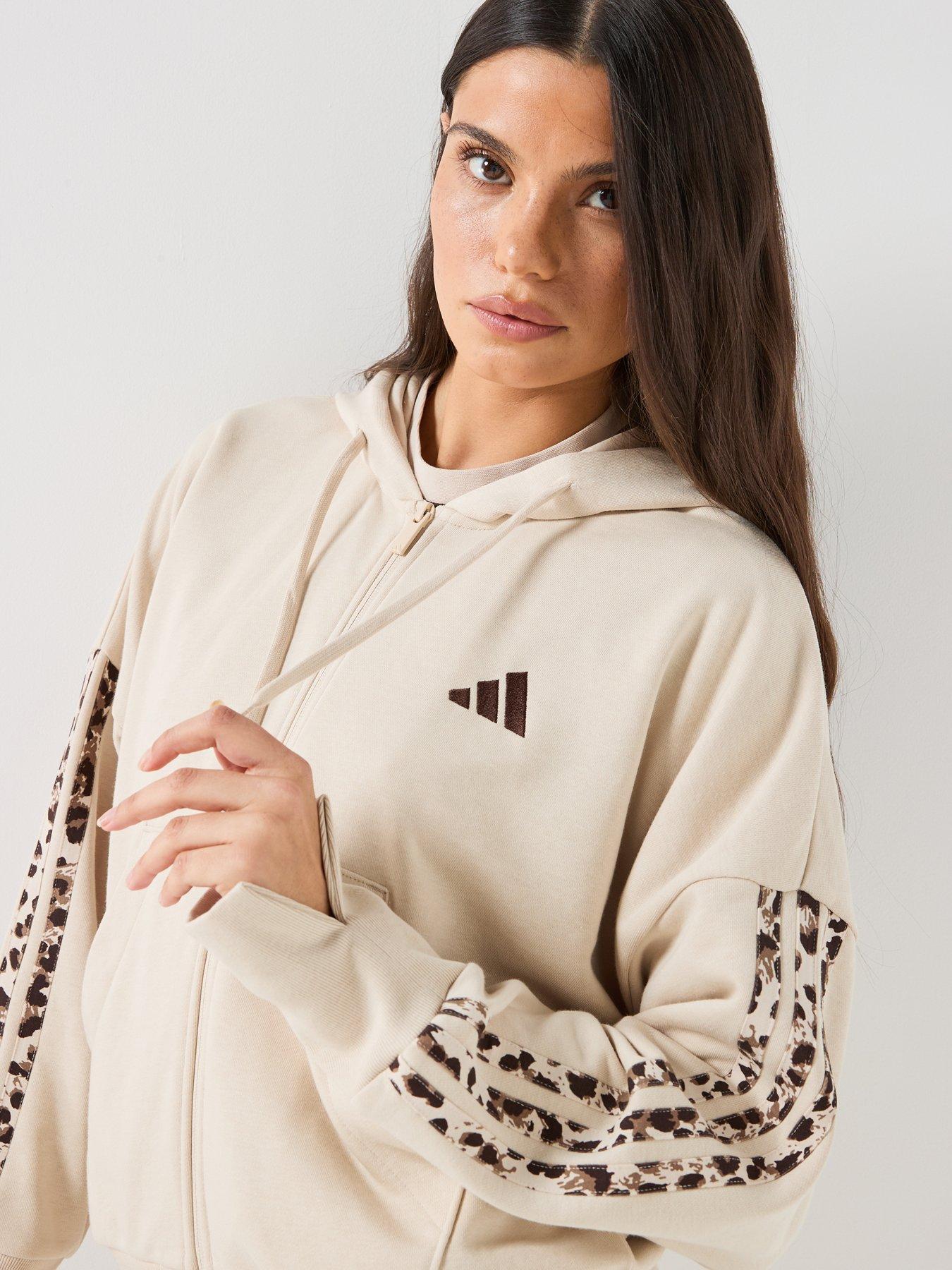 Image 4 of 6 of adidas Sportswear Women's Seasonal Essentials Animal Print 3-Stripes Full-Zip Hooded Track Top - Beige