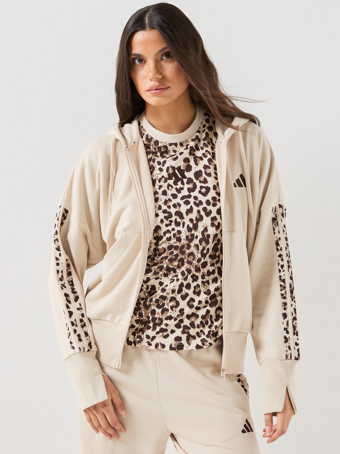 Image 5 of 6 of adidas Sportswear Women's Seasonal Essentials Animal Print 3-Stripes Full-Zip Hooded Track Top - Beige