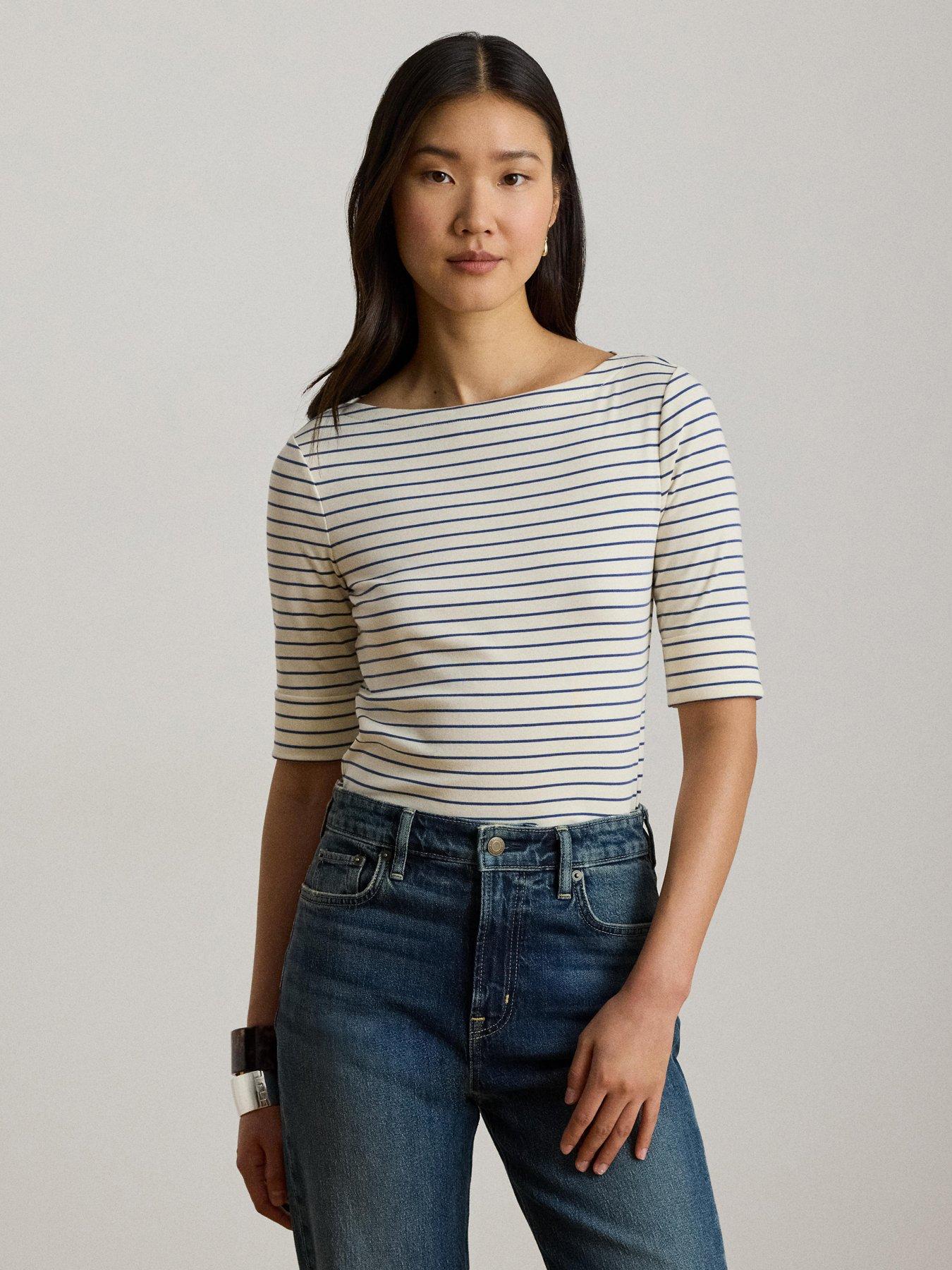 Image 1 of 4 of Lauren by Ralph Lauren Striped Stretch Cotton Boatneck T-Shirt - Mscpn Cream/Dusty Sky