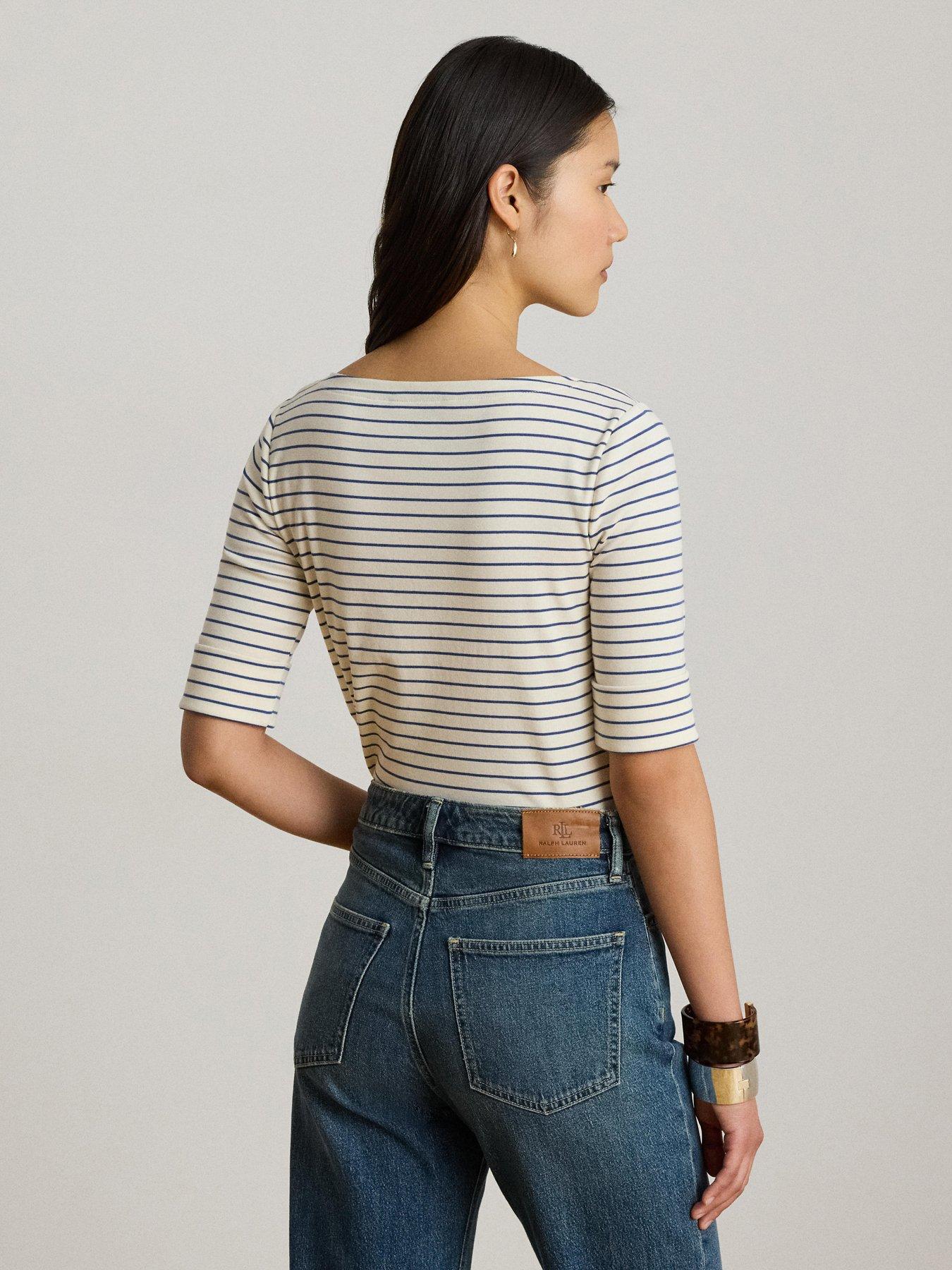 Image 2 of 4 of Lauren by Ralph Lauren Striped Stretch Cotton Boatneck T-Shirt - Mscpn Cream/Dusty Sky