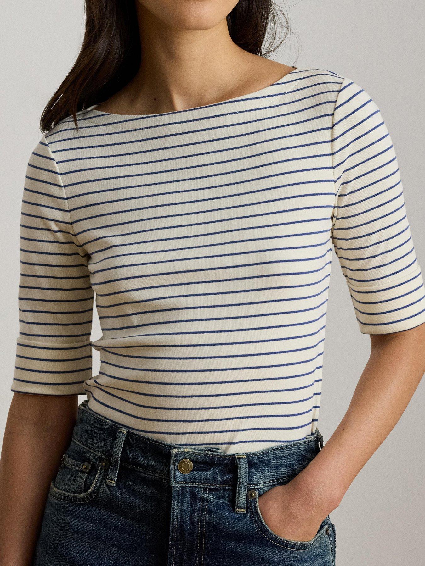 Image 3 of 4 of Lauren by Ralph Lauren Striped Stretch Cotton Boatneck T-Shirt - Mscpn Cream/Dusty Sky