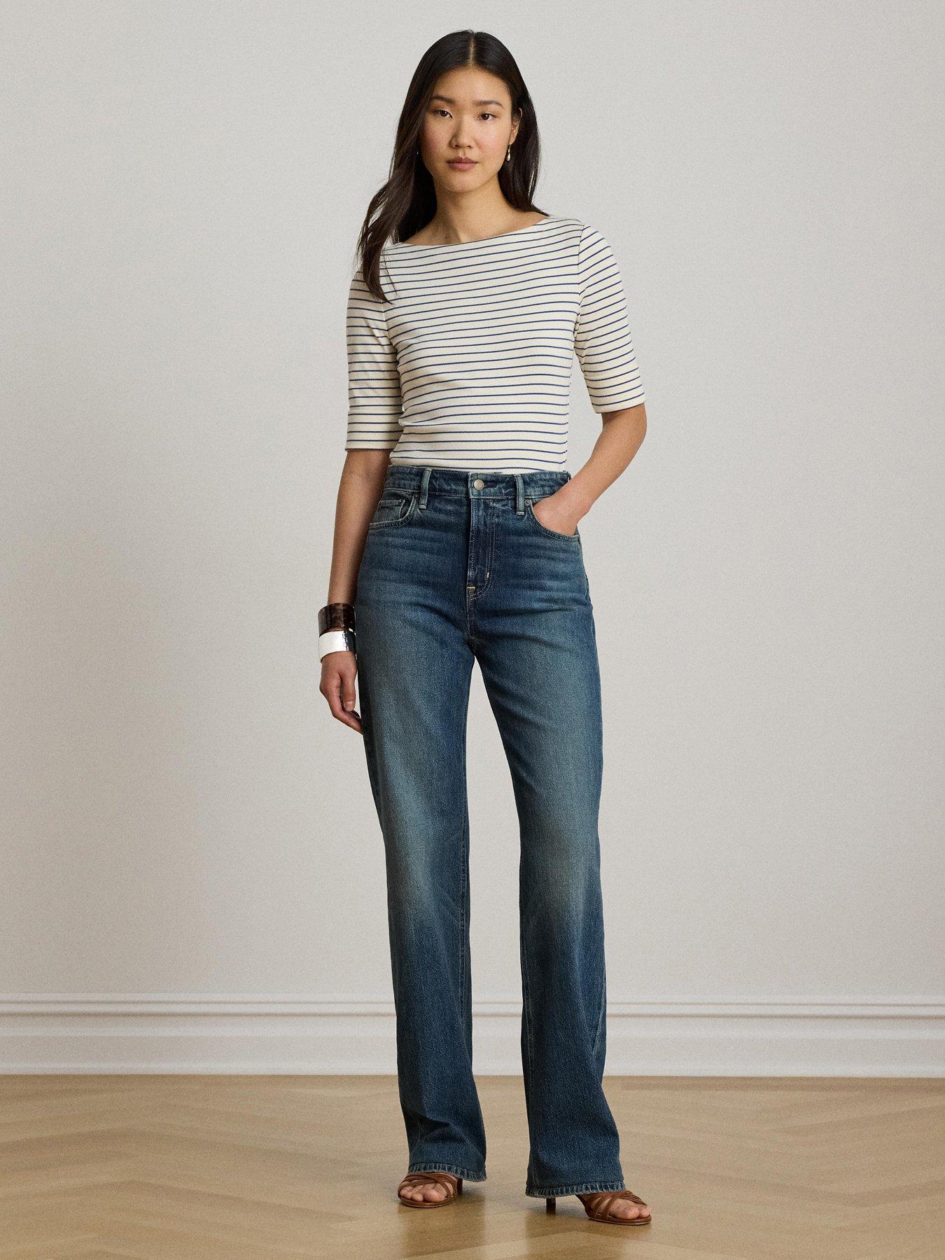 Image 4 of 4 of Lauren by Ralph Lauren Striped Stretch Cotton Boatneck T-Shirt - Mscpn Cream/Dusty Sky