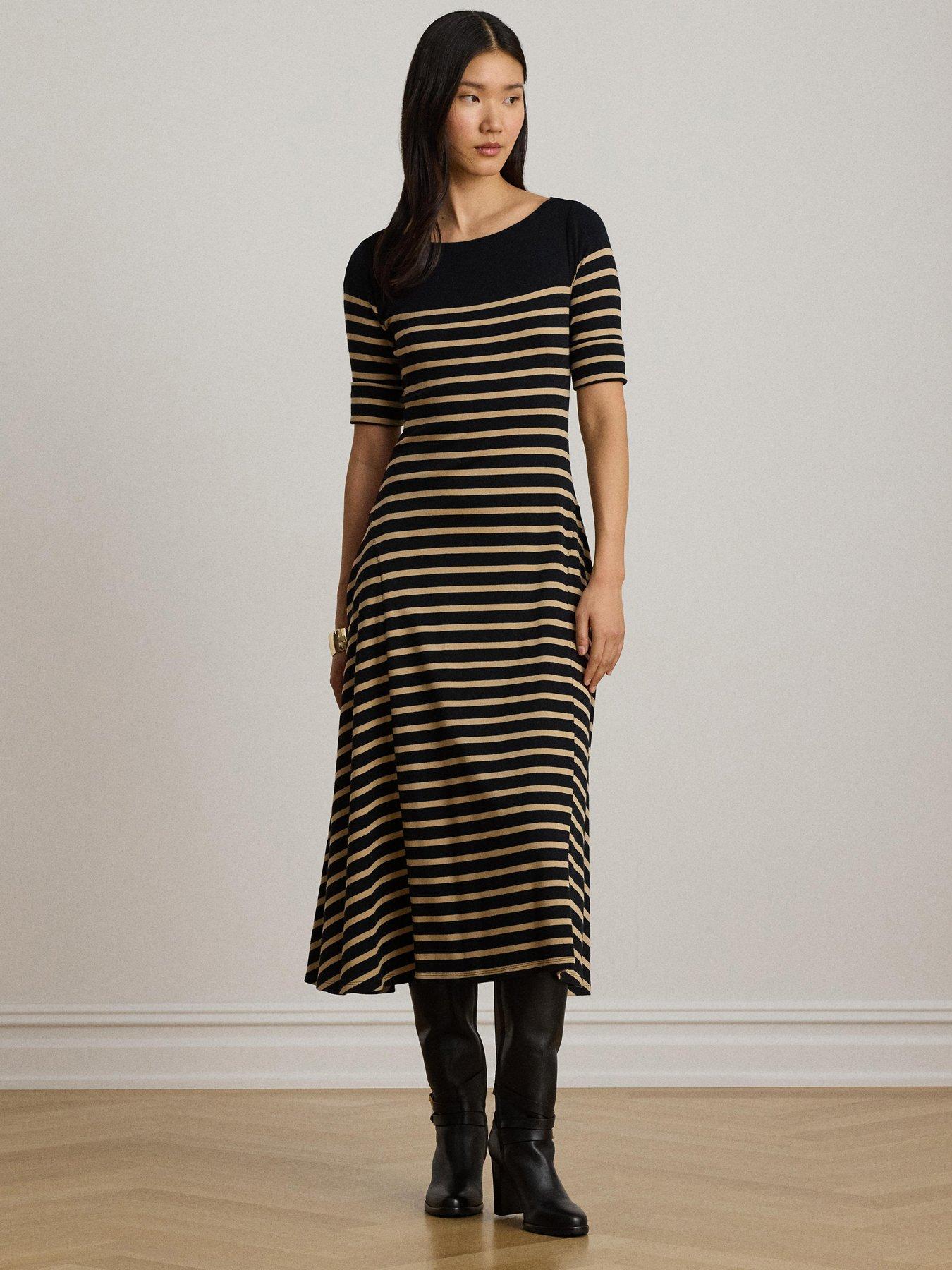 Lauren by Ralph Lauren Breton Stripe Cotton Ribbed Knit Midi Dress - Black