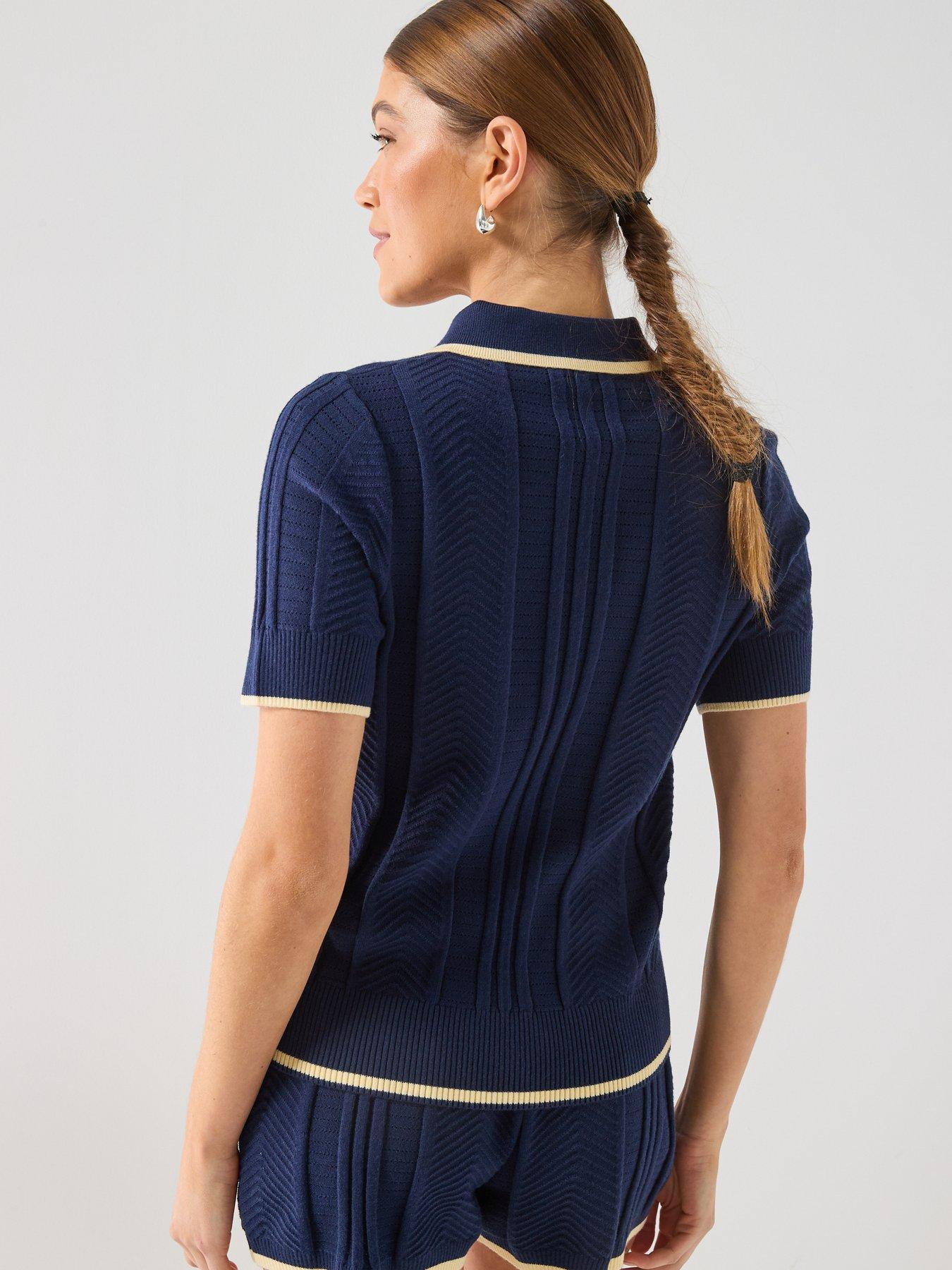 Image 2 of 6 of adidas Originals Womens Cable Knit Cali Tee Polo Top - Blue