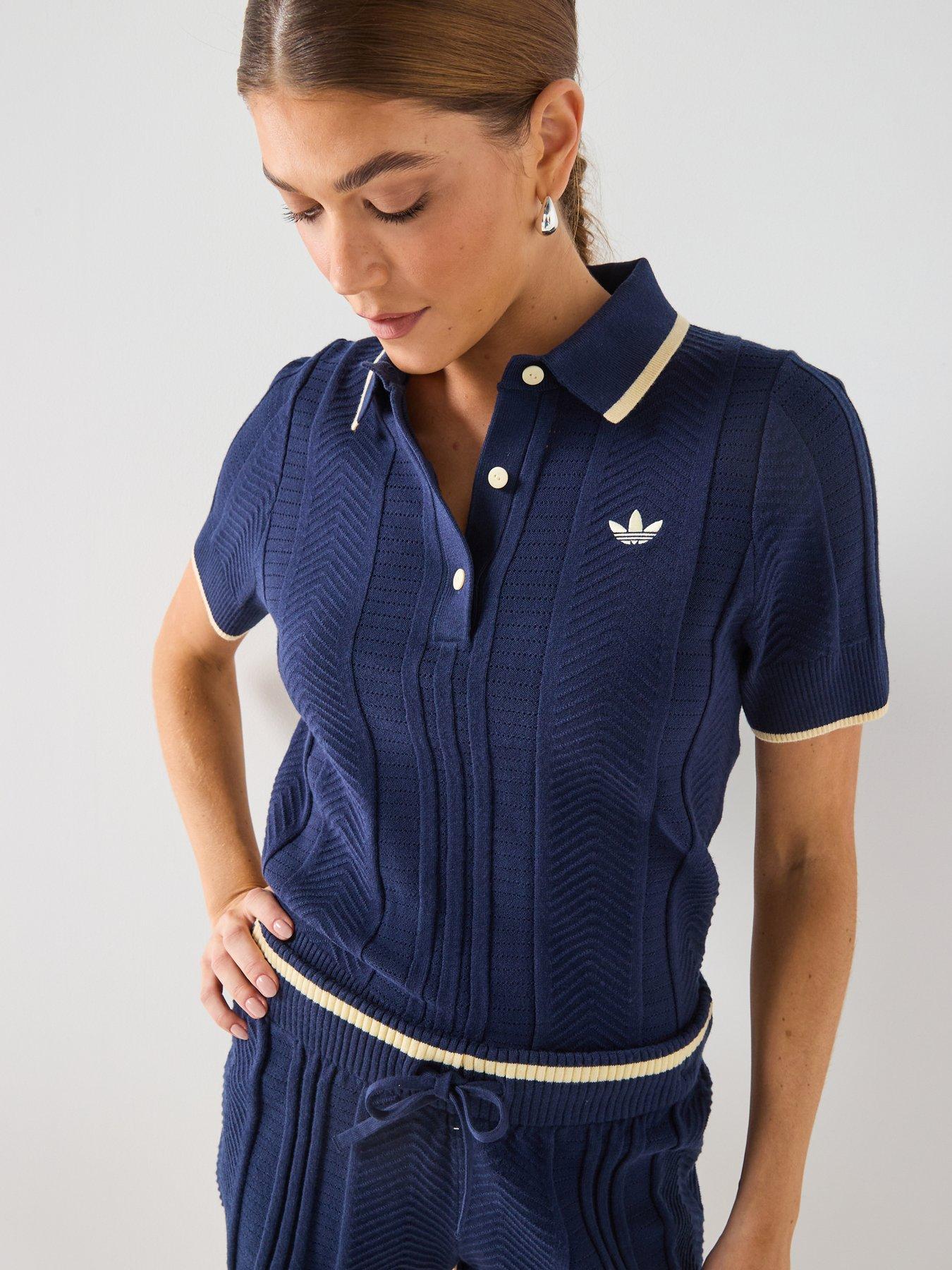 Image 4 of 6 of adidas Originals Womens Cable Knit Cali Tee Polo Top - Blue
