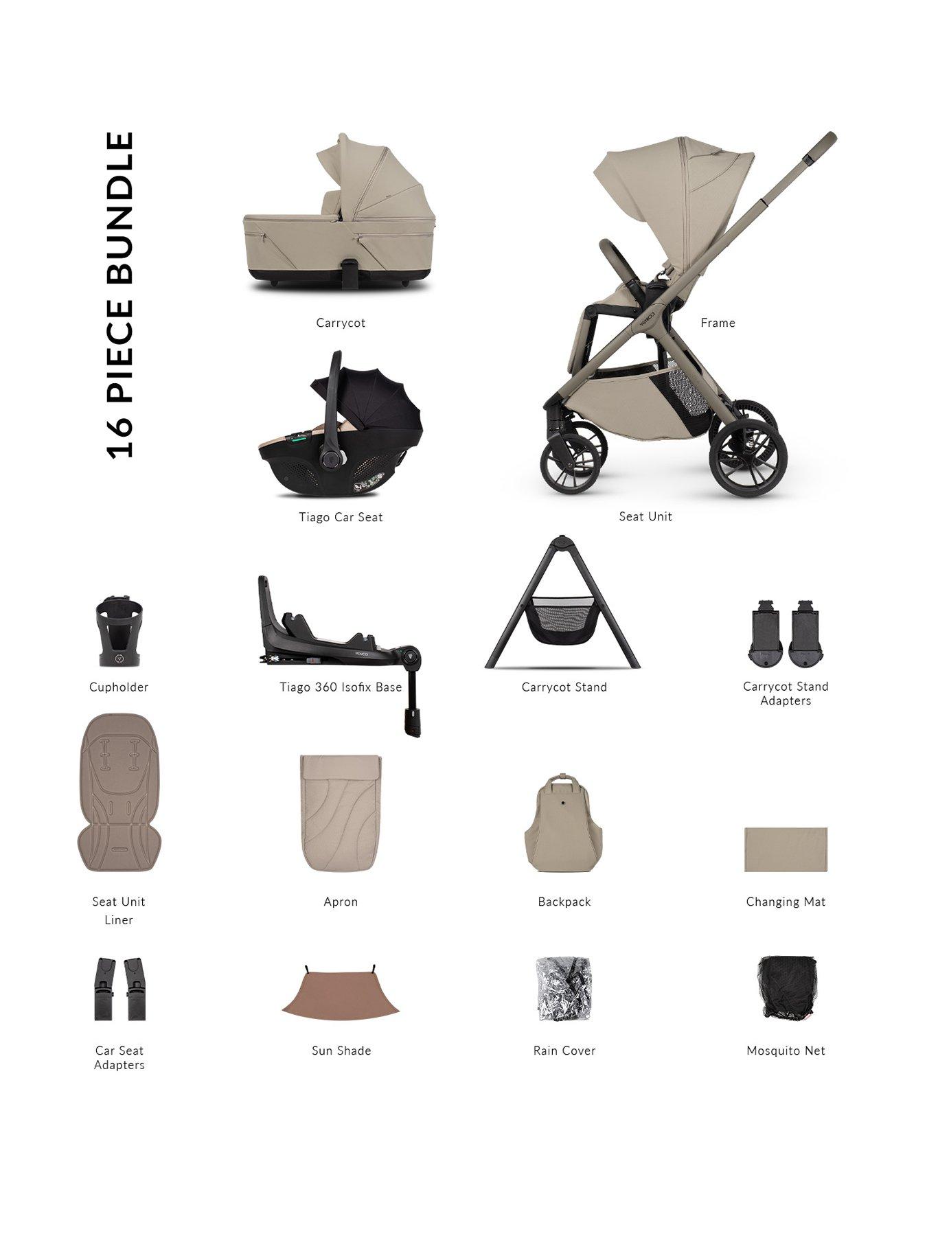 Venicci Tila 4in1 Plus Bundle Travel System with Tiago Beige Car Seat and 360 Base - Latte