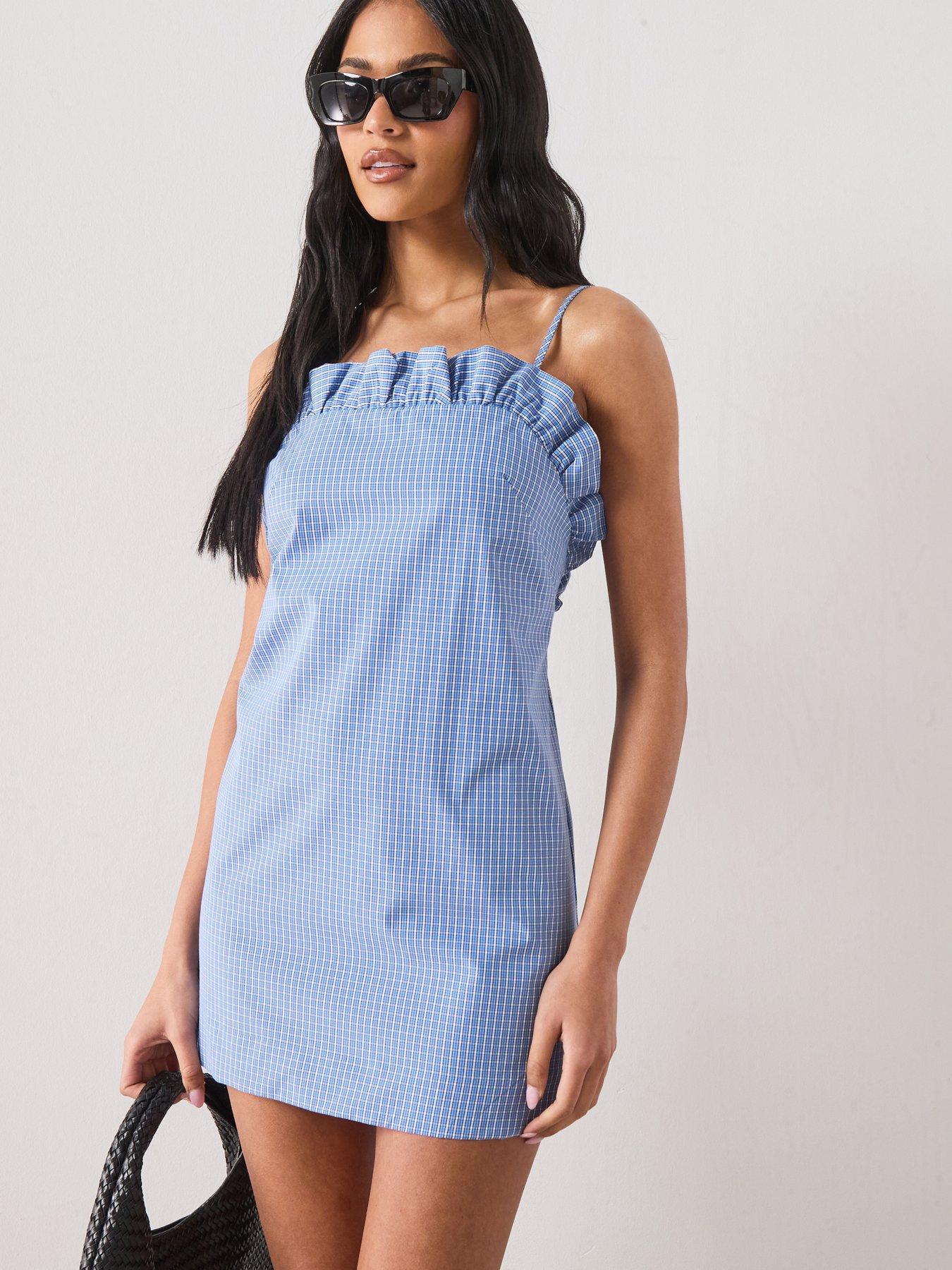Mango Starring Hailey Bieber Short Checked Dress With Ruffle Detail - Blue
