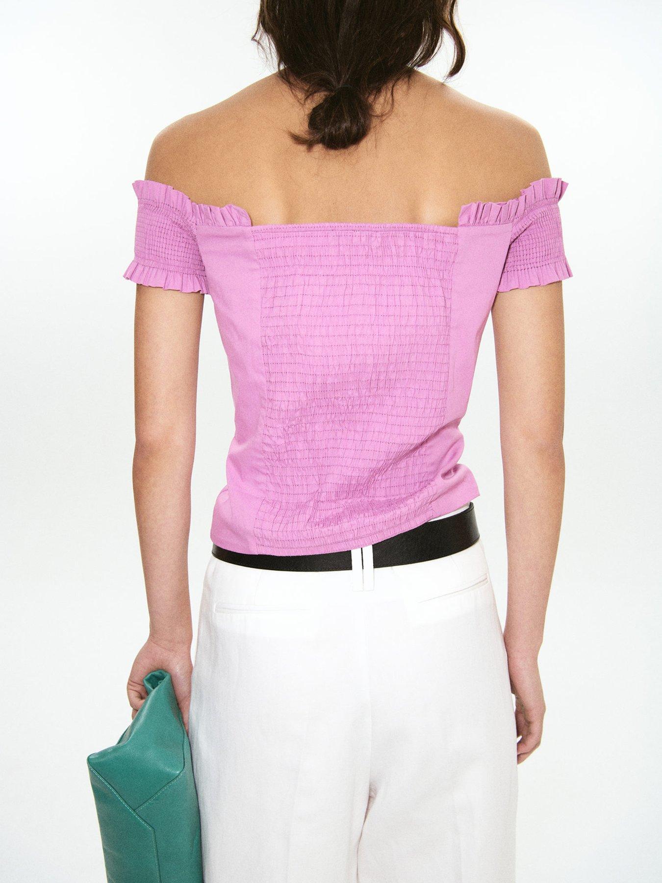 Image 2 of 5 of Mango Starring Hailey Bieber Ruffle Detail Top - Pastel Pink