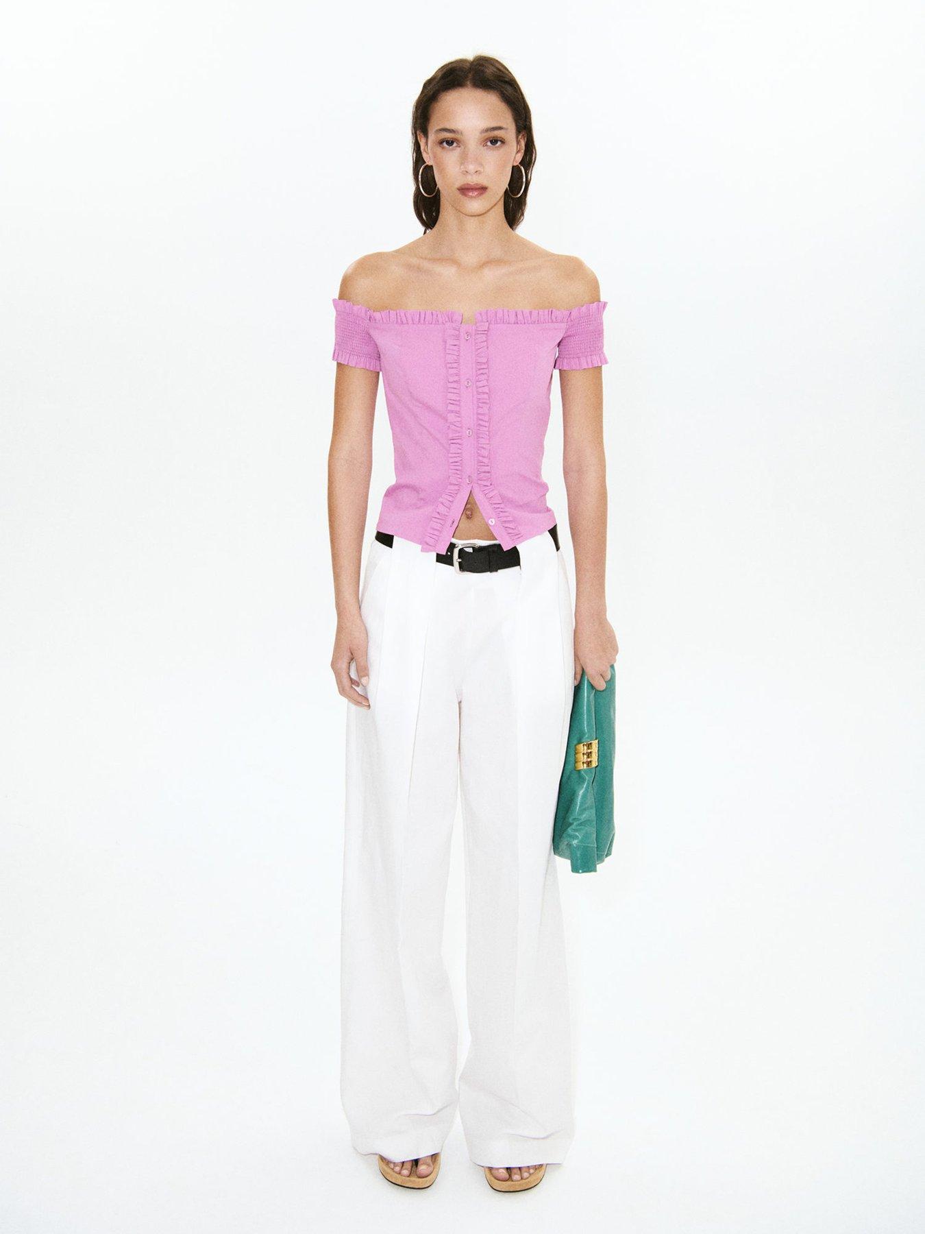 Image 3 of 5 of Mango Starring Hailey Bieber Ruffle Detail Top - Pastel Pink