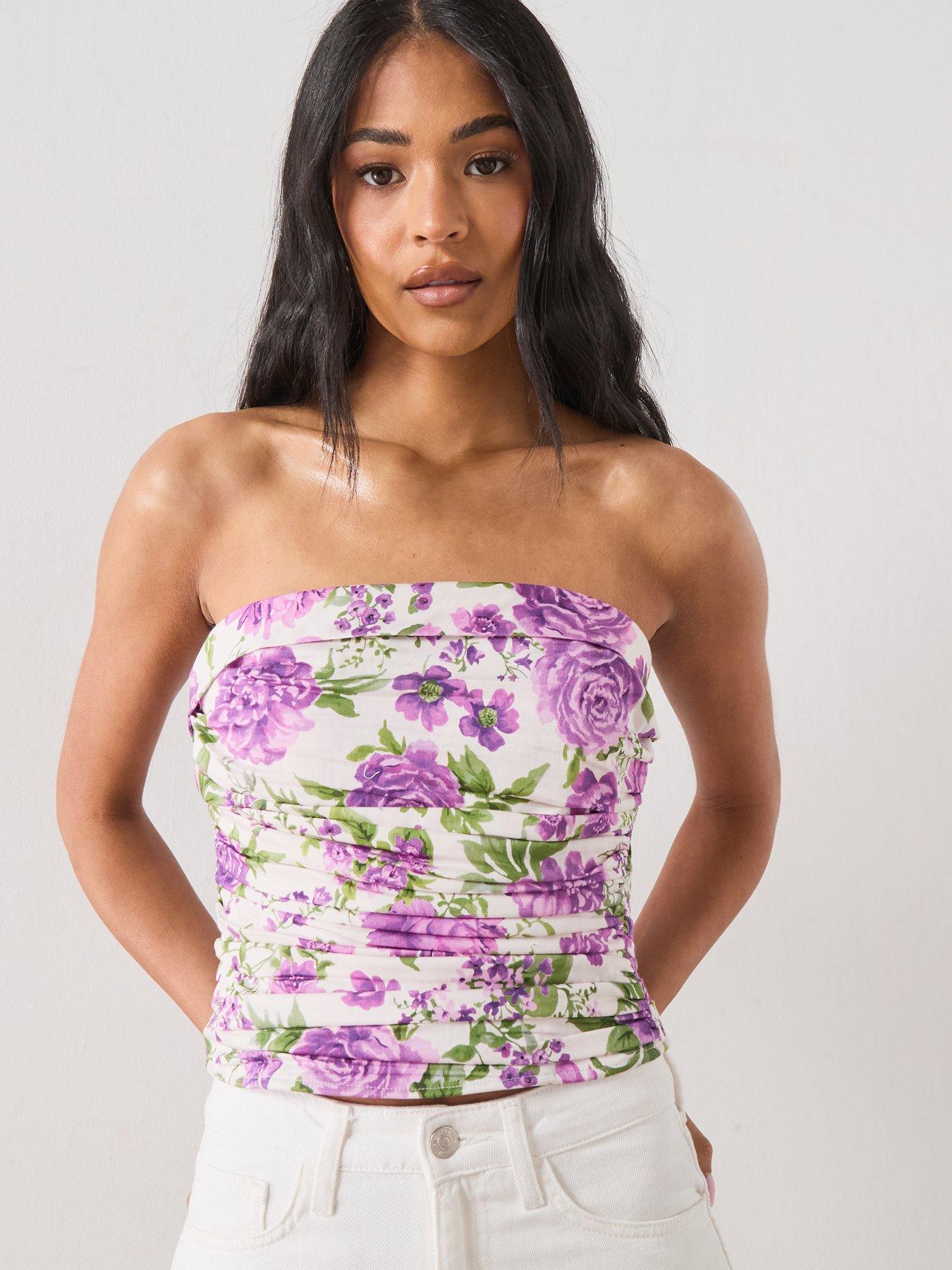 Image 4 of 6 of Mango Starring Hailey Bieber Strapless Floral Top - White
