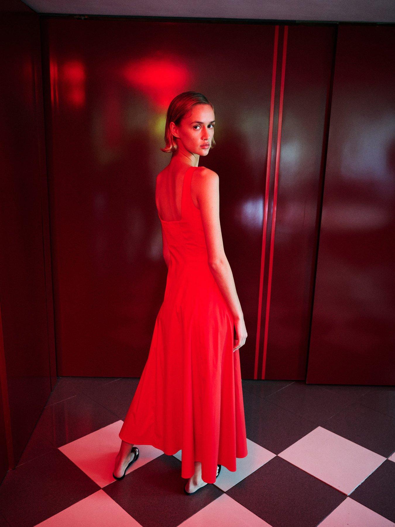 Image 2 of 6 of Mango Starring Hailey Bieber Long Flared Dress - Red