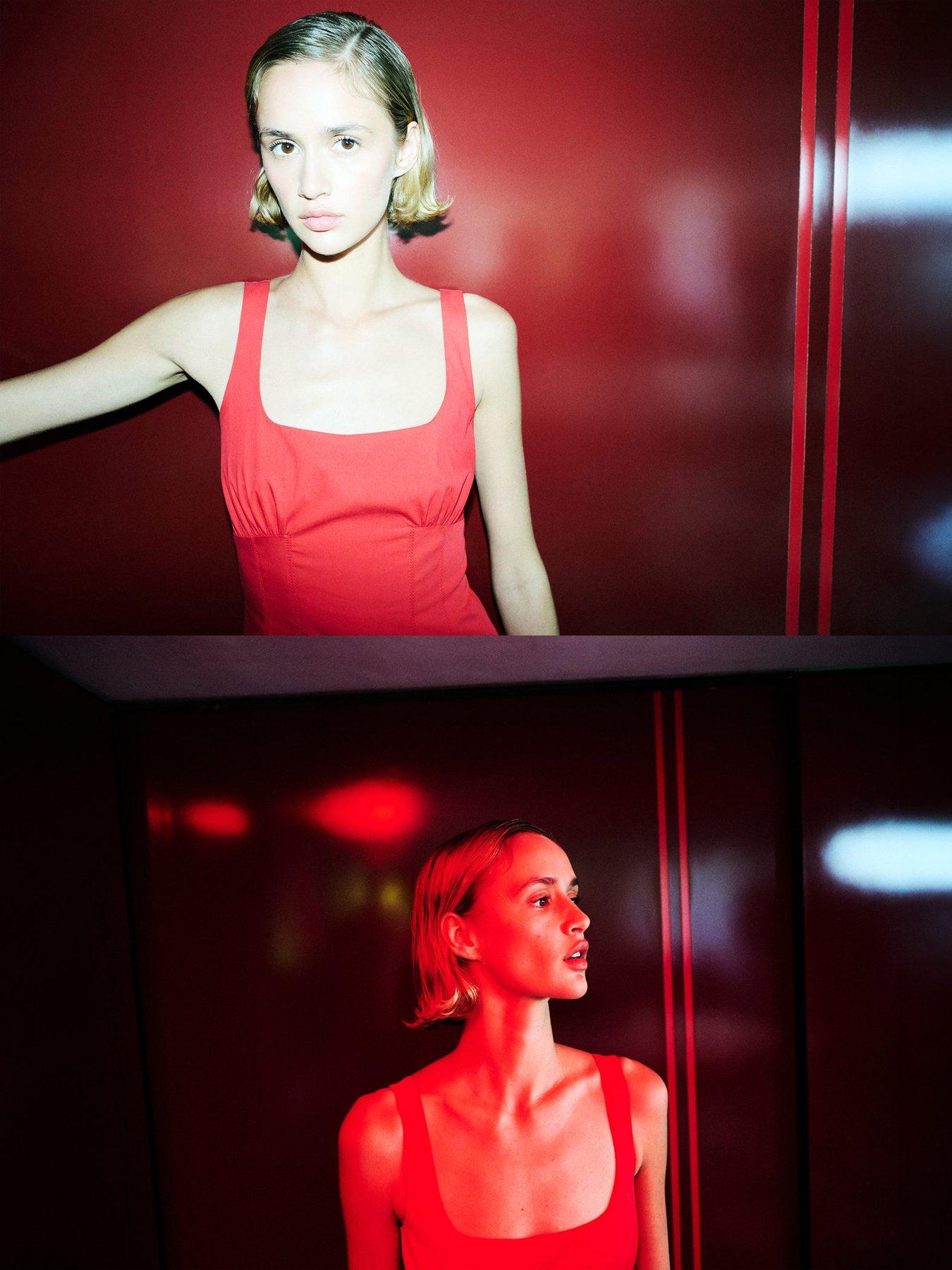 Image 3 of 6 of Mango Starring Hailey Bieber Long Flared Dress - Red