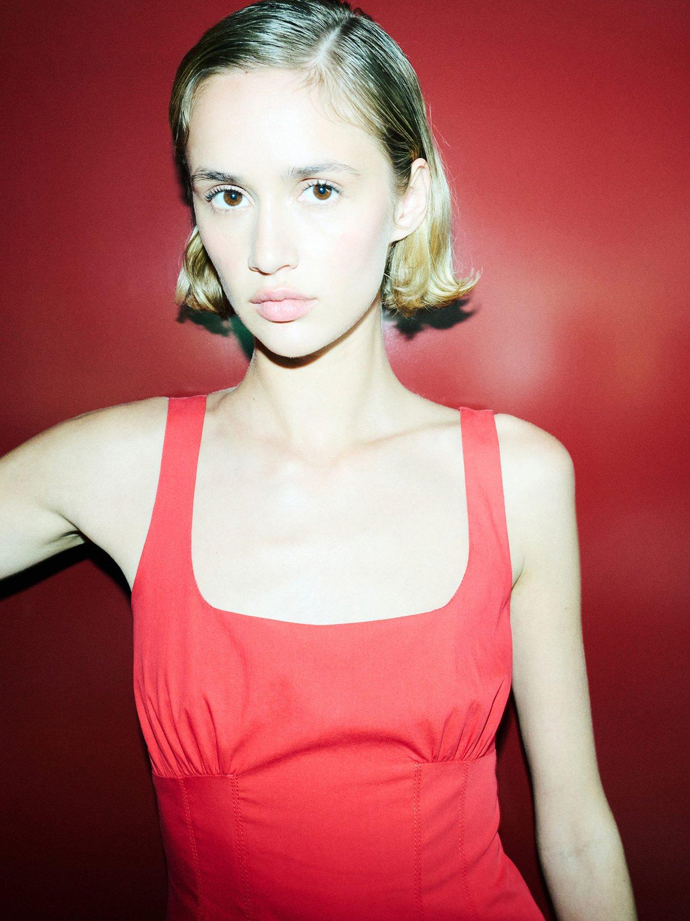 Image 4 of 6 of Mango Starring Hailey Bieber Long Flared Dress - Red