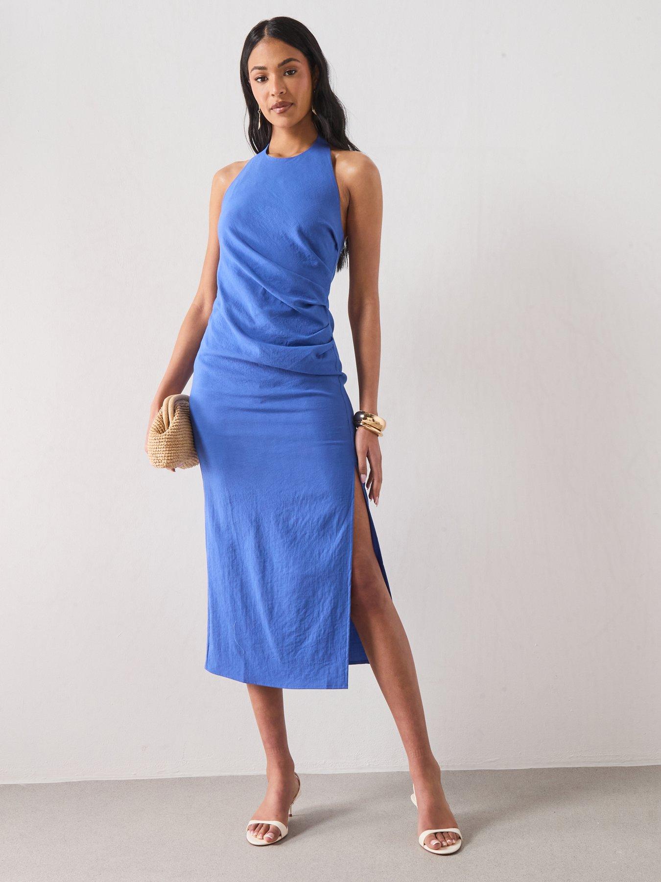 Image 1 of 6 of Mango Starring Hailey Bieber Draped Halter Dress - Blue