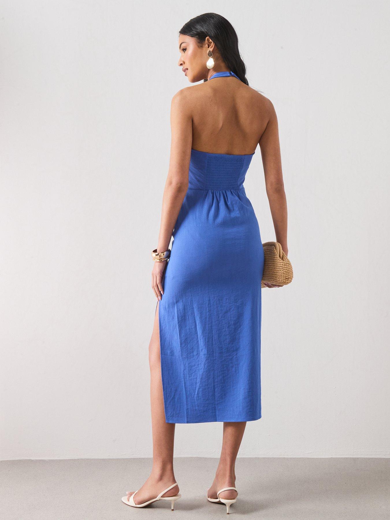 Image 2 of 6 of Mango Starring Hailey Bieber Draped Halter Dress - Blue