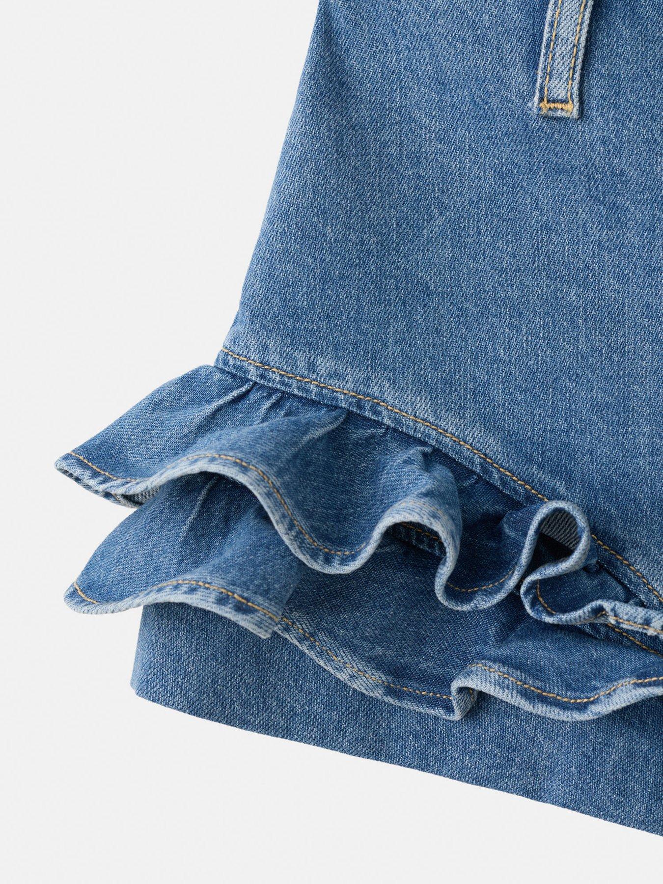 Image 5 of 7 of Mango Starring Hailey Bieber Frilled Denim Mini Shorts - Blue