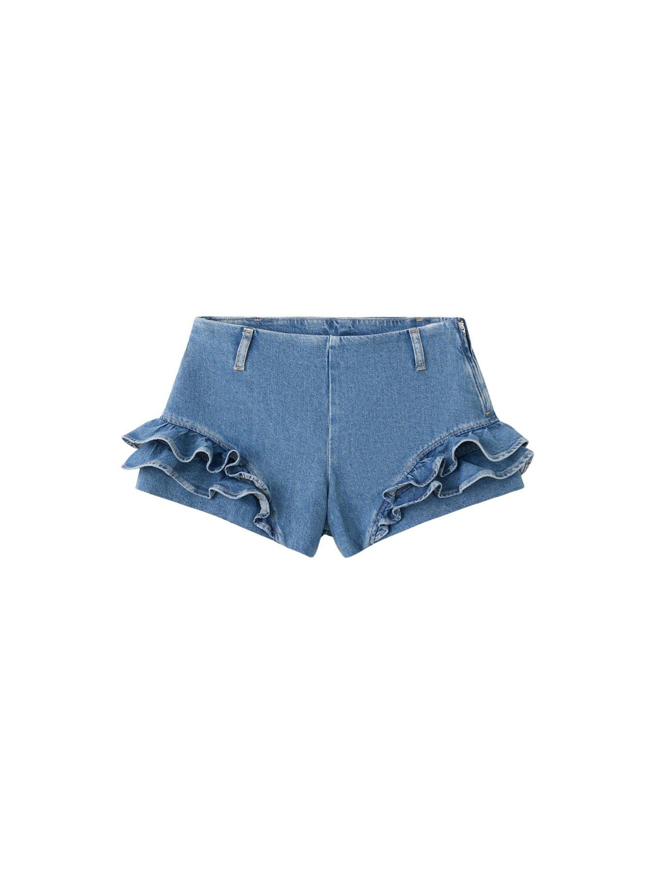 Image 7 of 7 of Mango Starring Hailey Bieber Frilled Denim Mini Shorts - Blue