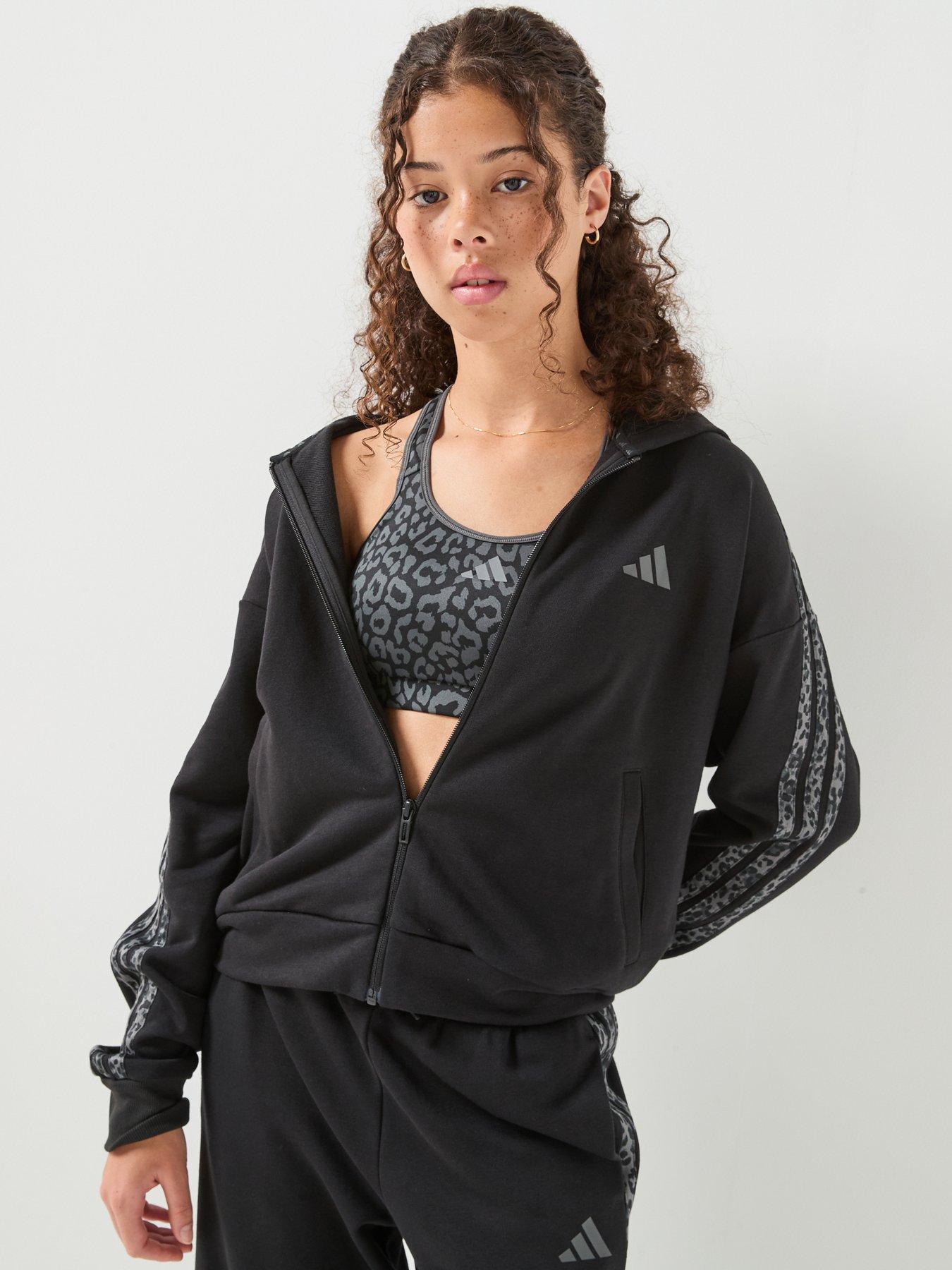 Adidas Sportswear Junior Girls 3 Stripe Animal Print Zip Hoodie - Black