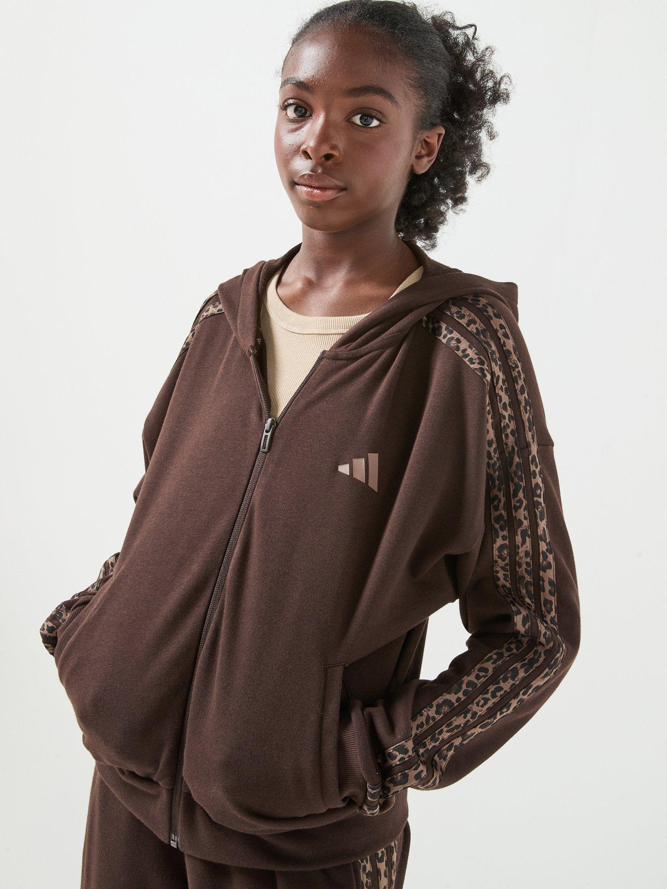 Adidas Sportswear Junior 3 Stripe Full Zip Hoodie - Brown