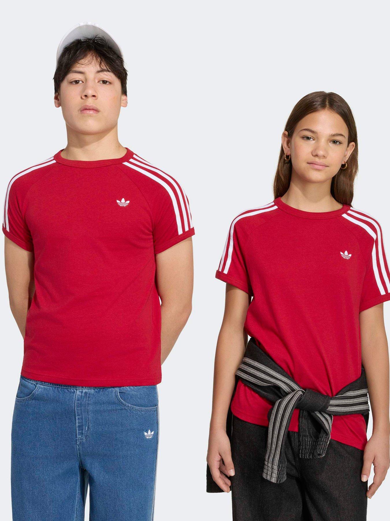 Image 1 of 7 of adidas Originals Junior 3 Stripe Tee - Burgundy - Dark Red