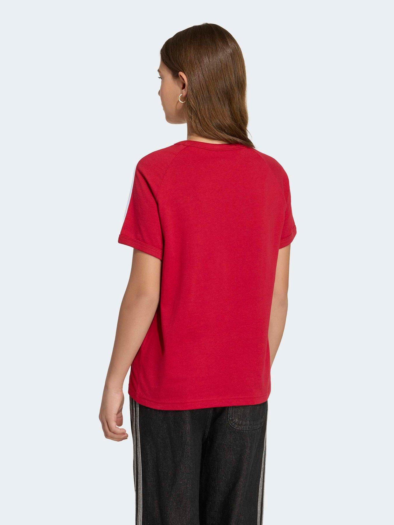 Image 4 of 7 of adidas Originals Junior 3 Stripe Tee - Burgundy - Dark Red