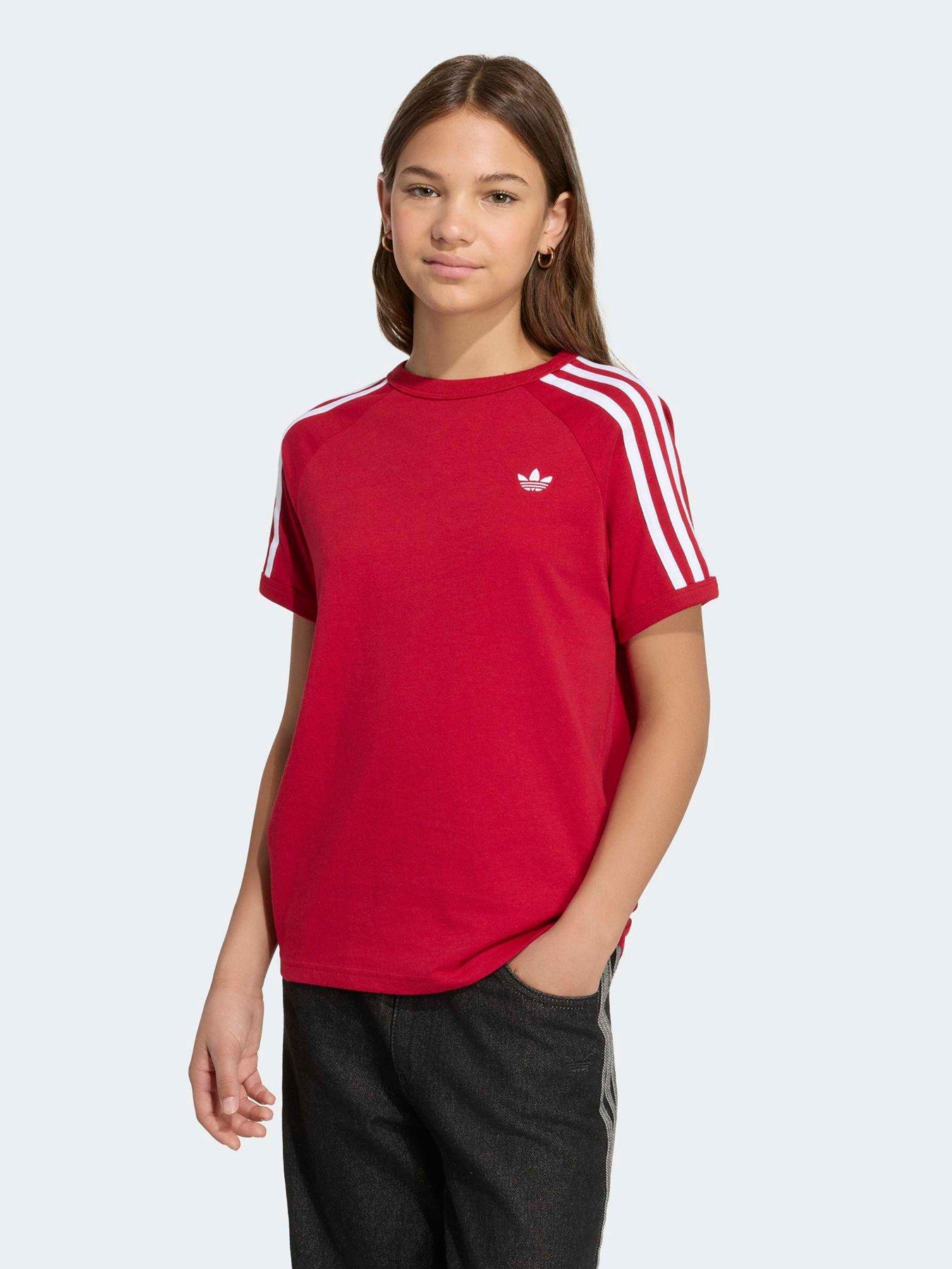 Image 5 of 7 of adidas Originals Junior 3 Stripe Tee - Burgundy - Dark Red
