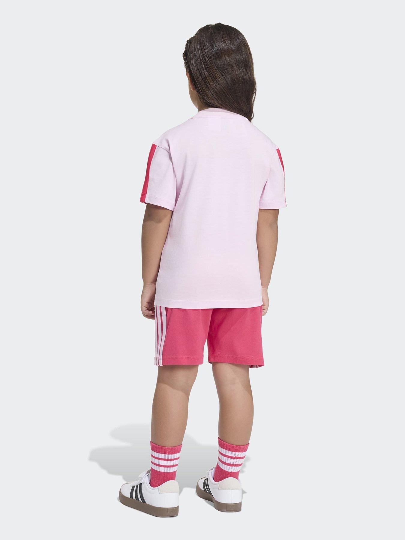 Image 2 of 7 of adidas Sportswear Girls 3 Stripe T-shirt Set - Pink