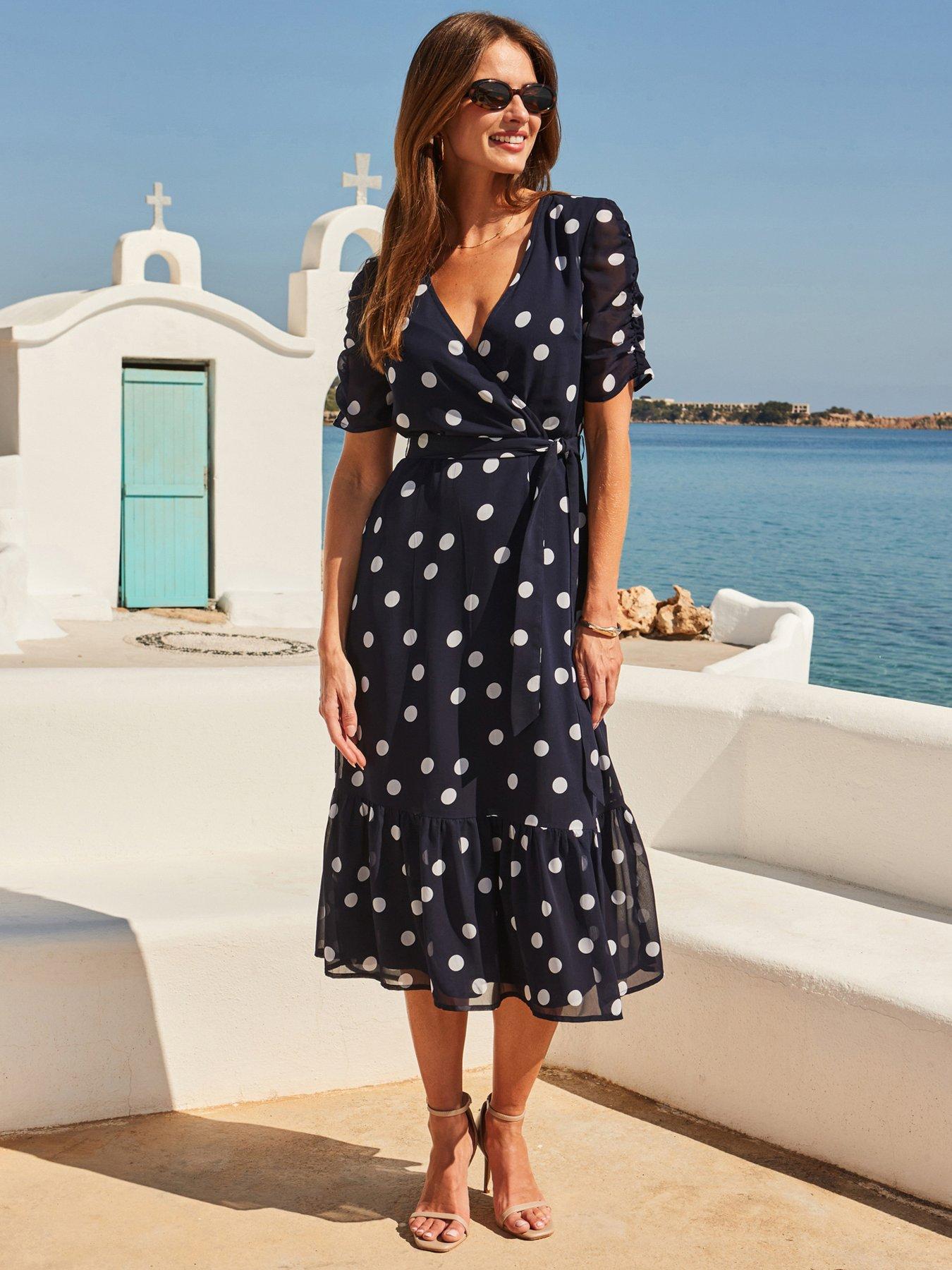 Sosandar Navy Blue  &  White Spot Print Faux Wrap Dress