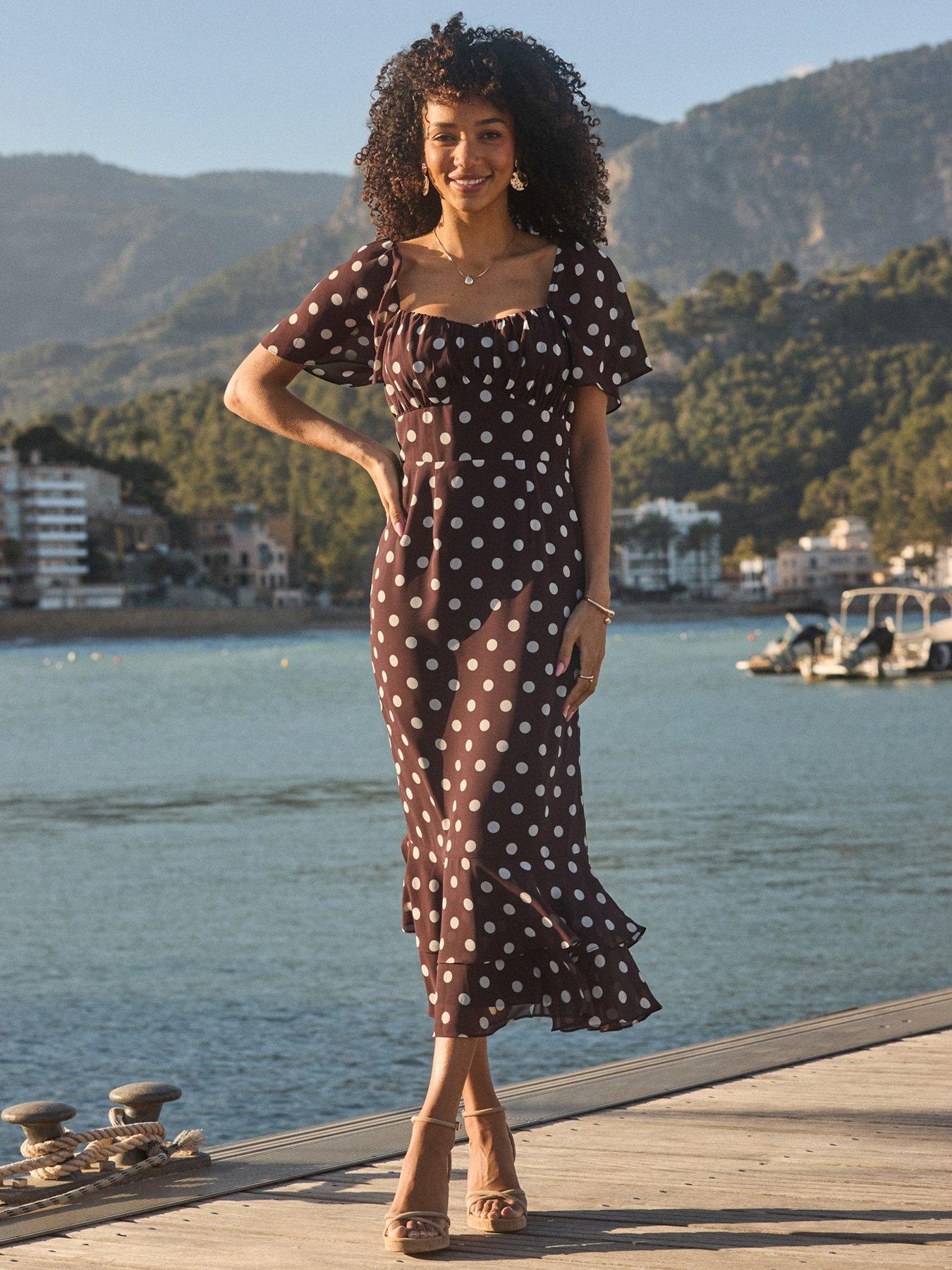 Sosandar Spot Print Chiffon Frill Hem Midaxi Dress - Chocolate Brown  &  Cream