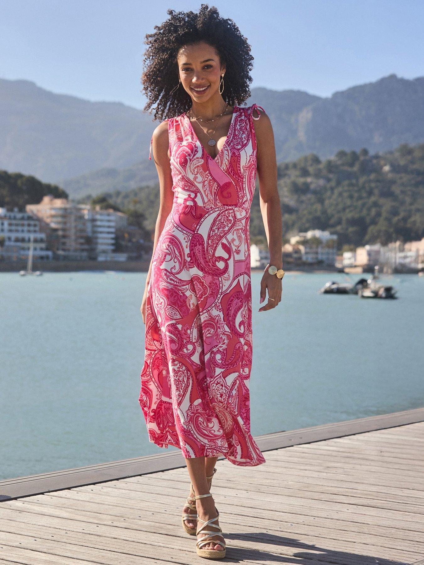 Sosandar Pink  &  Red Paisley Print Tie Shoulder Maxi Dress