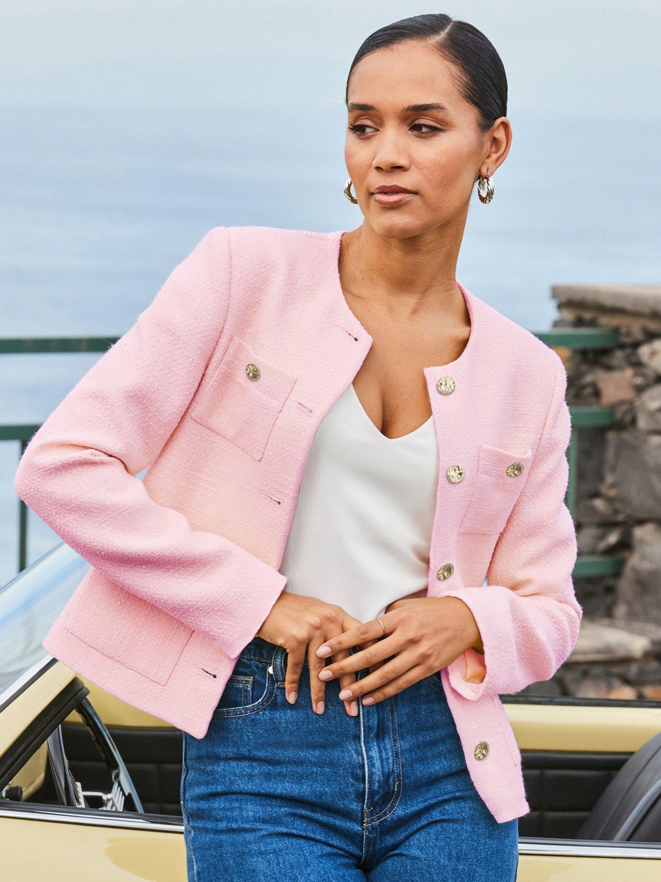 Sosandar Boucle Jacket With Gold Buttons - Pink