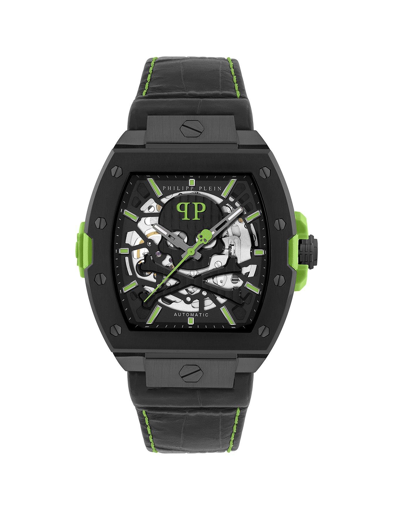 Philipp Plein PHILIPP PLEIN, THE SKELETON AUTOMATIC IP BLACK CASE, WITH GREEN DIAL AND BLACK LEATHER STRAP