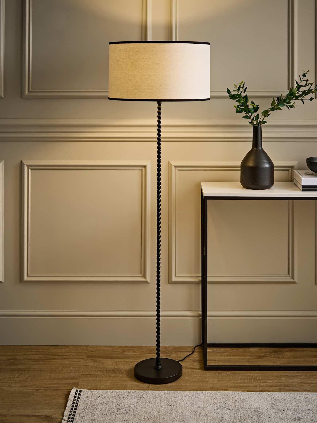 ValueLights Maeve Natural Linen Black Trim Shade Matte Black Bobbin Bobble Floor Lamp