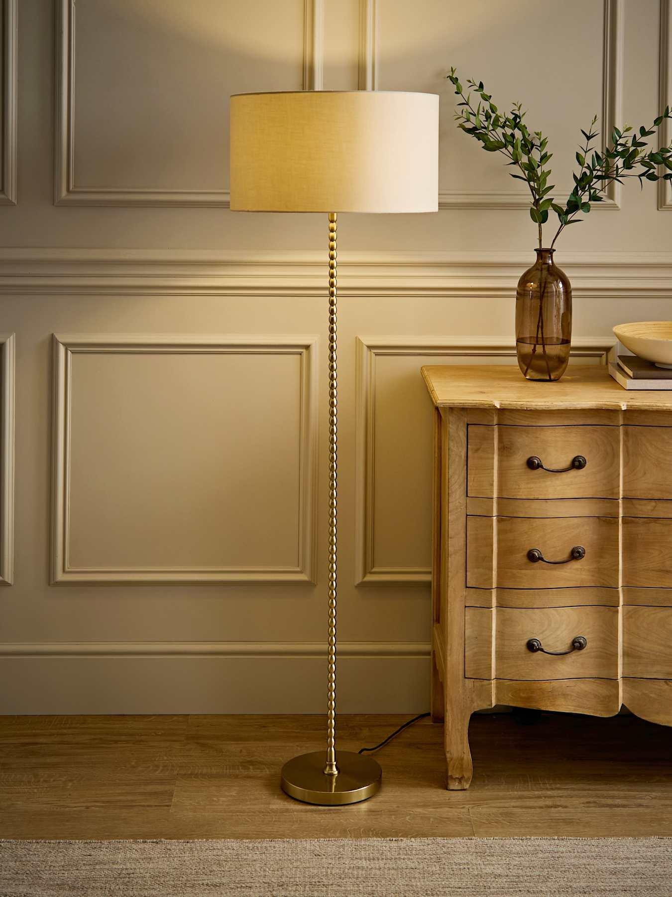 ValueLights Maeve Natural Drum Lamp Shade Brushed Gold Bobbin Bobble Floor Lamp